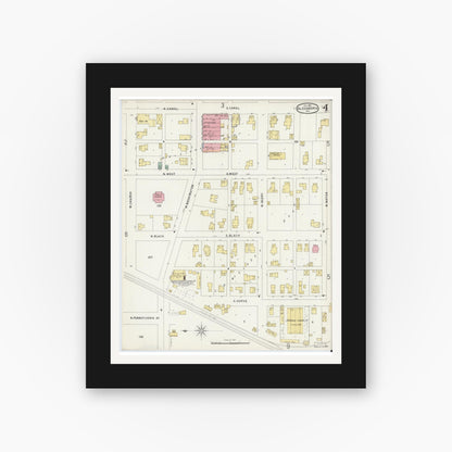 Old map wall art mockup — black gallery frame with white mat — Sanborn Fire Insurance Map from Alexandria, Madison County, Indiana (1896), Sheet #0004