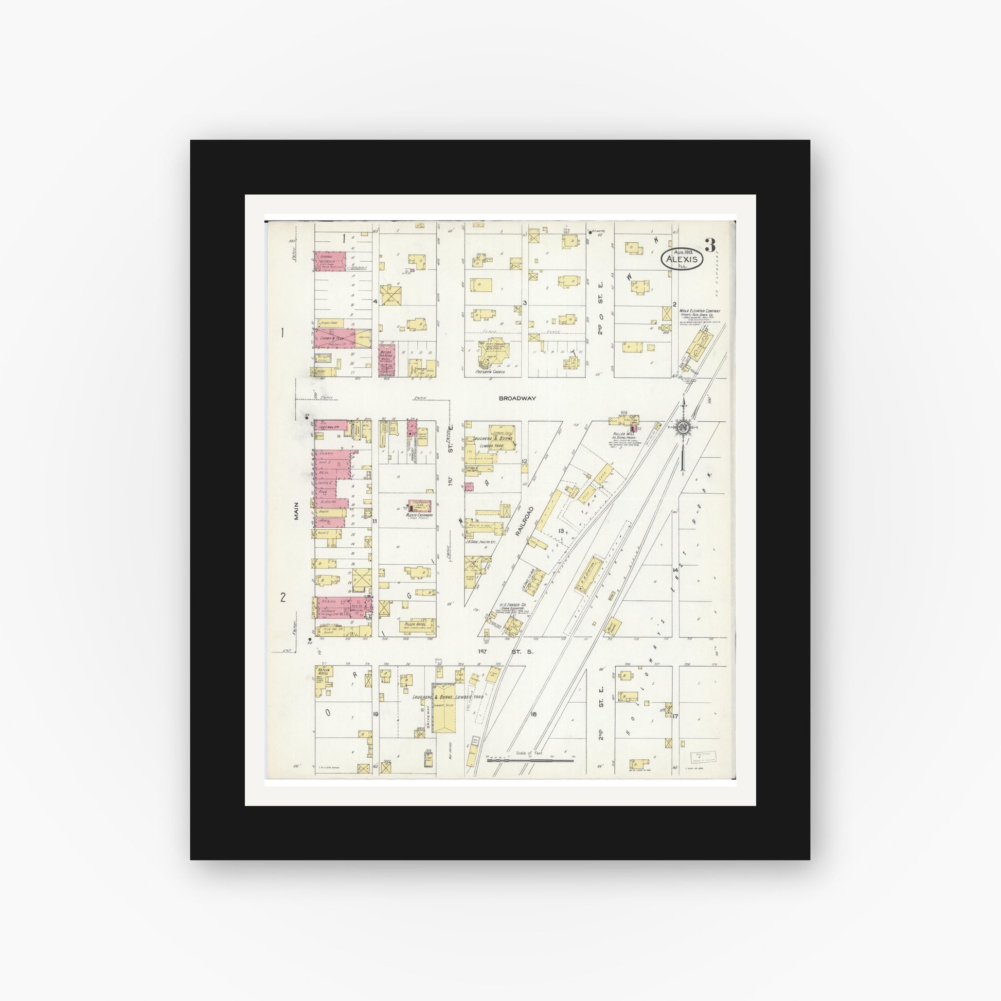 Old map wall art mockup — black gallery frame with white mat — Sanborn Fire Insurance Map from Alexis, Warren County, Illinois (1913), Sheet #0003