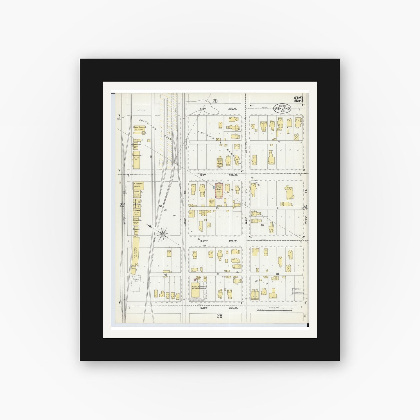 Old map wall art mockup — black gallery frame with white mat — Sanborn Fire Insurance Map from Ashland, Ashland County, Wisconsin (1901), Sheet #0023