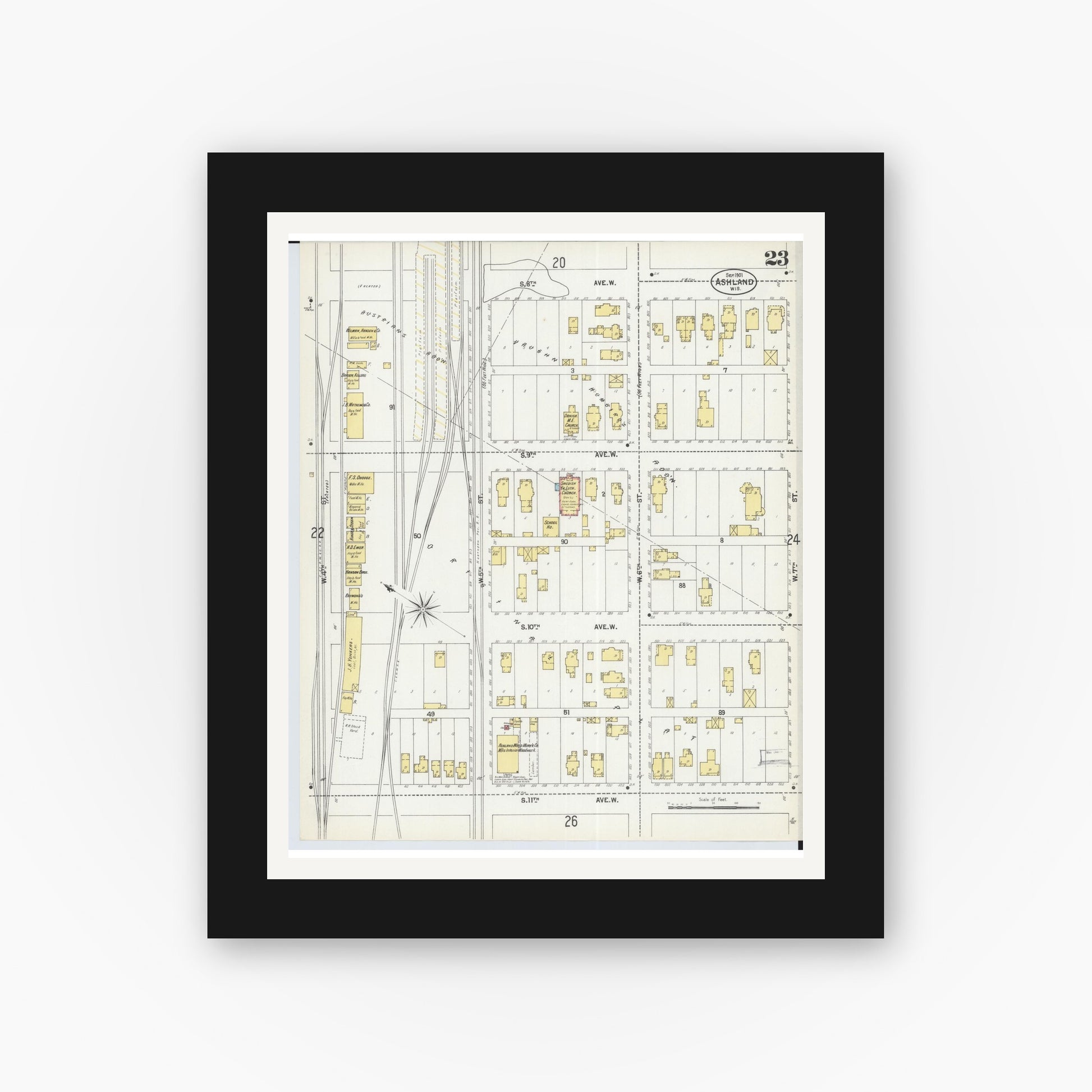 Old map wall art mockup — black gallery frame with white mat — Sanborn Fire Insurance Map from Ashland, Ashland County, Wisconsin (1901), Sheet #0023