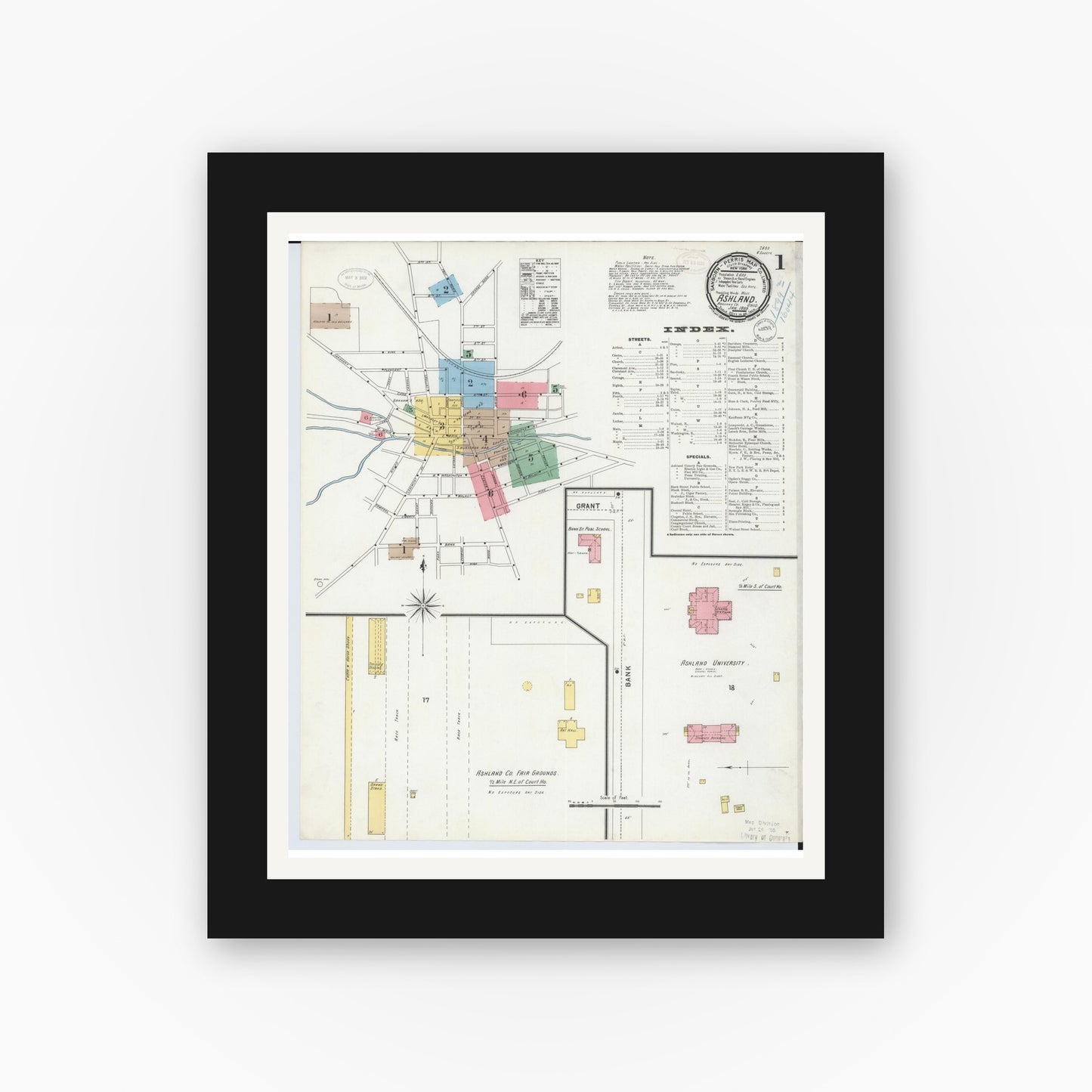 Old map wall art mockup — black gallery frame with white mat — Sanborn Fire Insurance Map from Ashland, Ashland County, Ohio (1899) - Complete Map Set