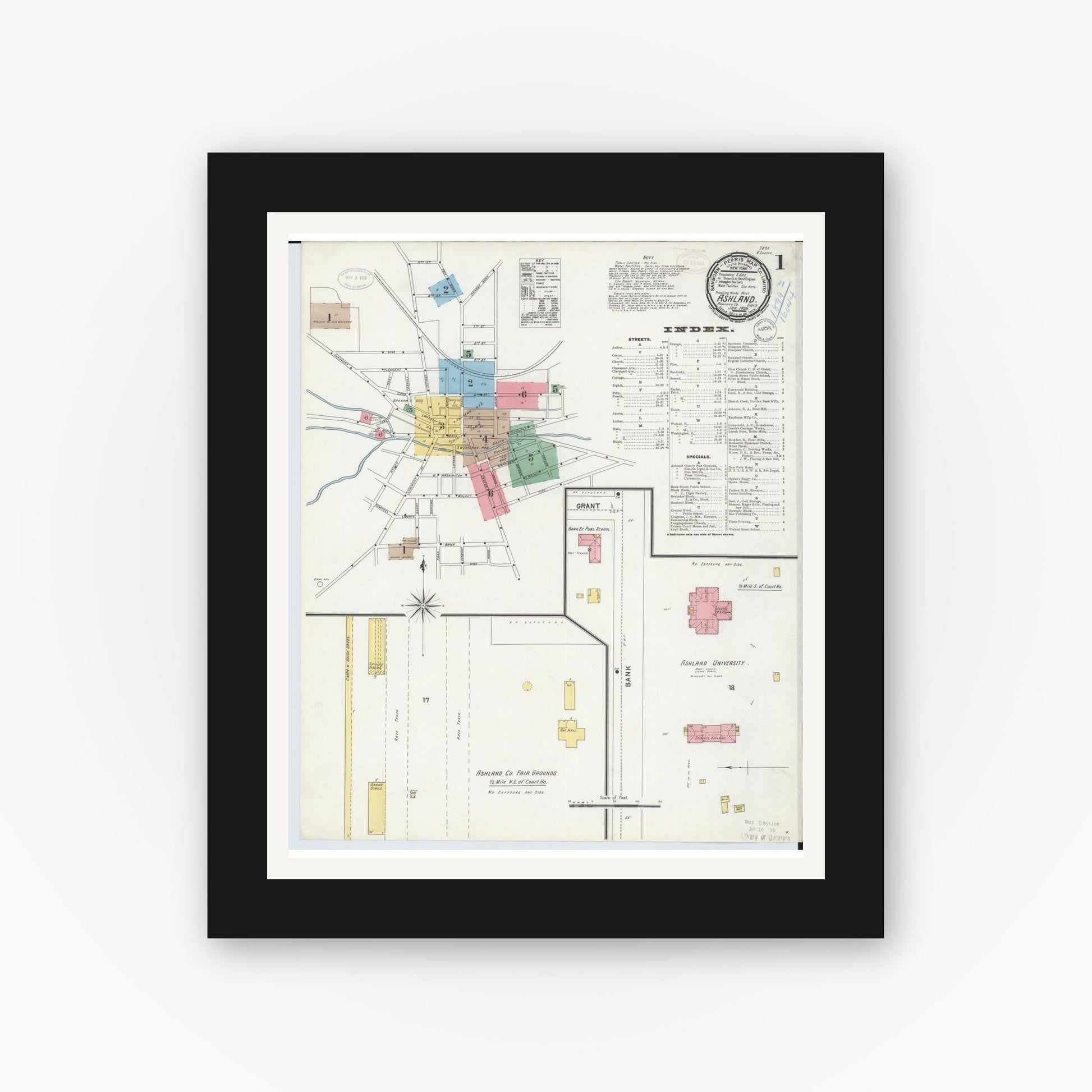Old map wall art mockup — black gallery frame with white mat — Sanborn Fire Insurance Map from Ashland, Ashland County, Ohio (1899) - Complete Map Set