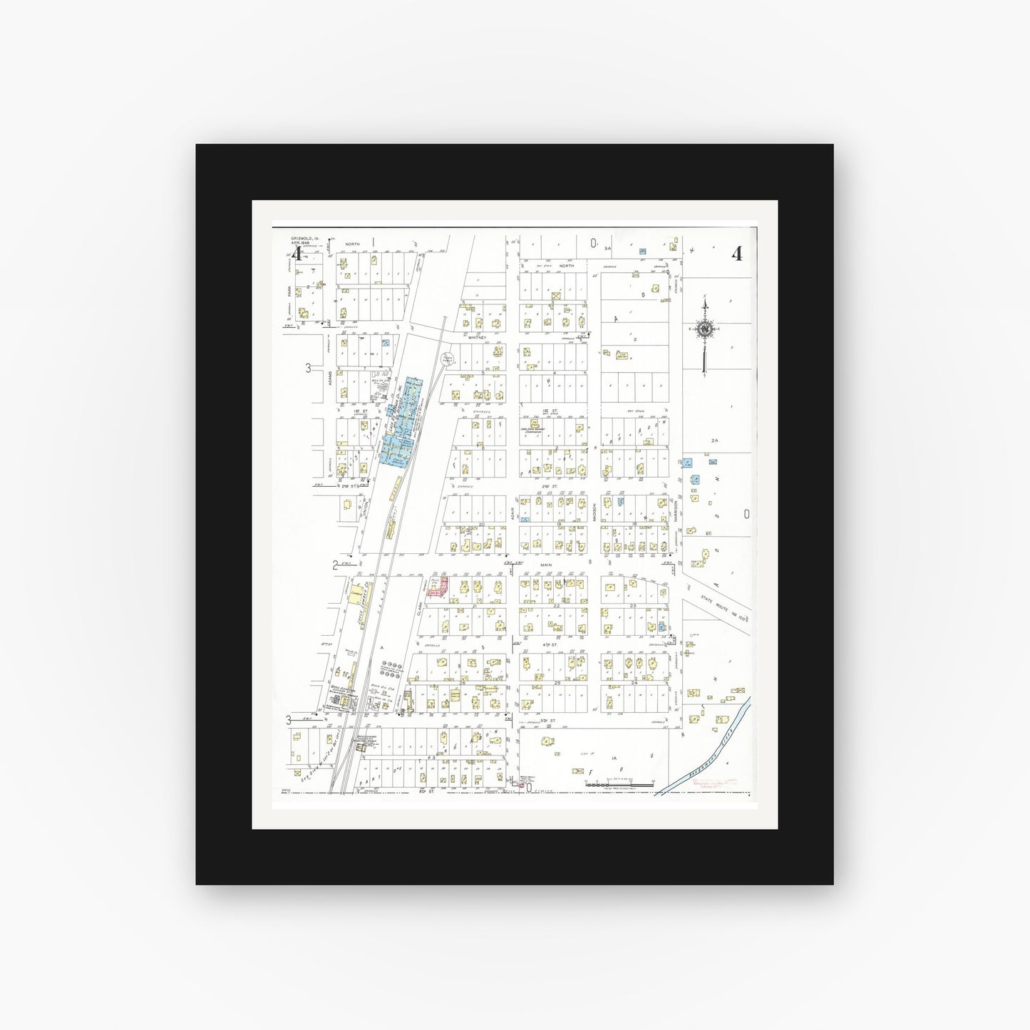 Old map wall art mockup — black gallery frame with white mat — Sanborn Fire Insurance Map from Griswold, Cass County, Iowa (1948), Sheet #0004