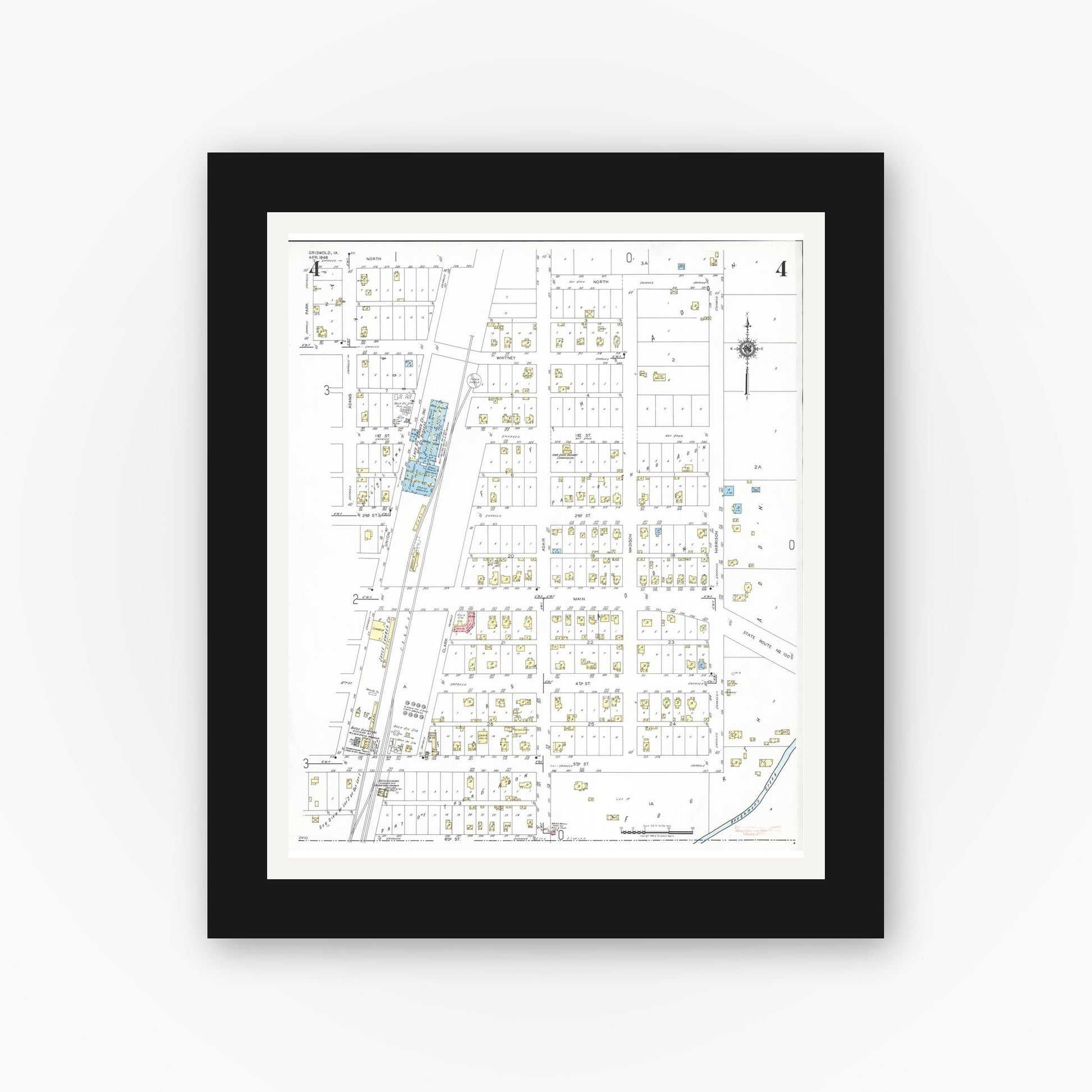 Old map wall art mockup — black gallery frame with white mat — Sanborn Fire Insurance Map from Griswold, Cass County, Iowa (1948), Sheet #0004
