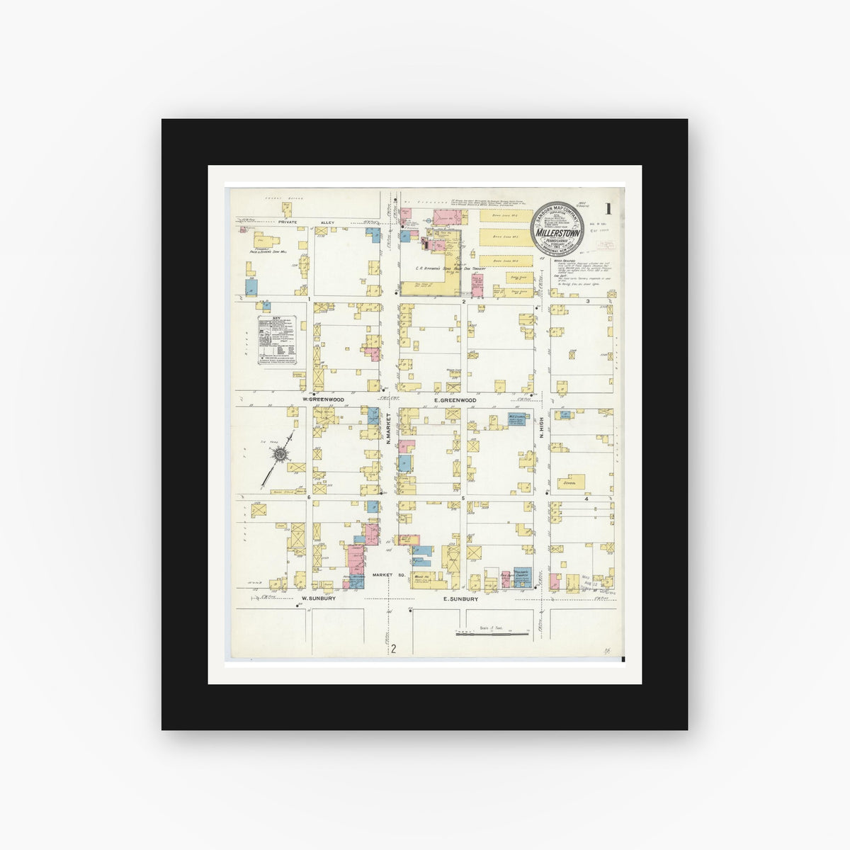 Old map wall art mockup — black gallery frame with white mat — Sanborn Fire Insurance Map from Millerstown, Perry County, Pennsylvania (1911), Sheet #0001