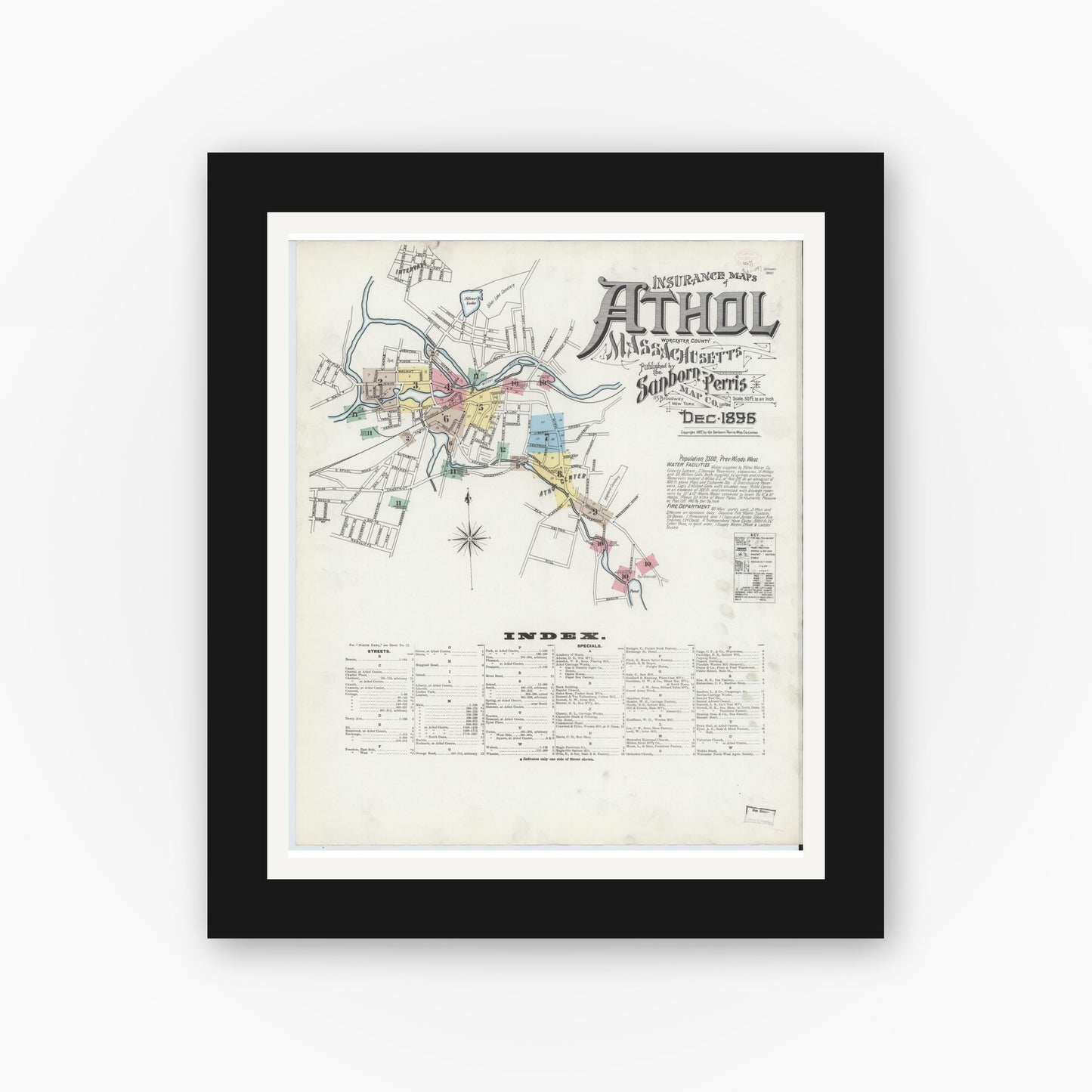 Old map wall art mockup — black gallery frame with white mat — Sanborn Fire Insurance Map from Athol, Worcester County, Massachusetts (1896) - Complete Map Set
