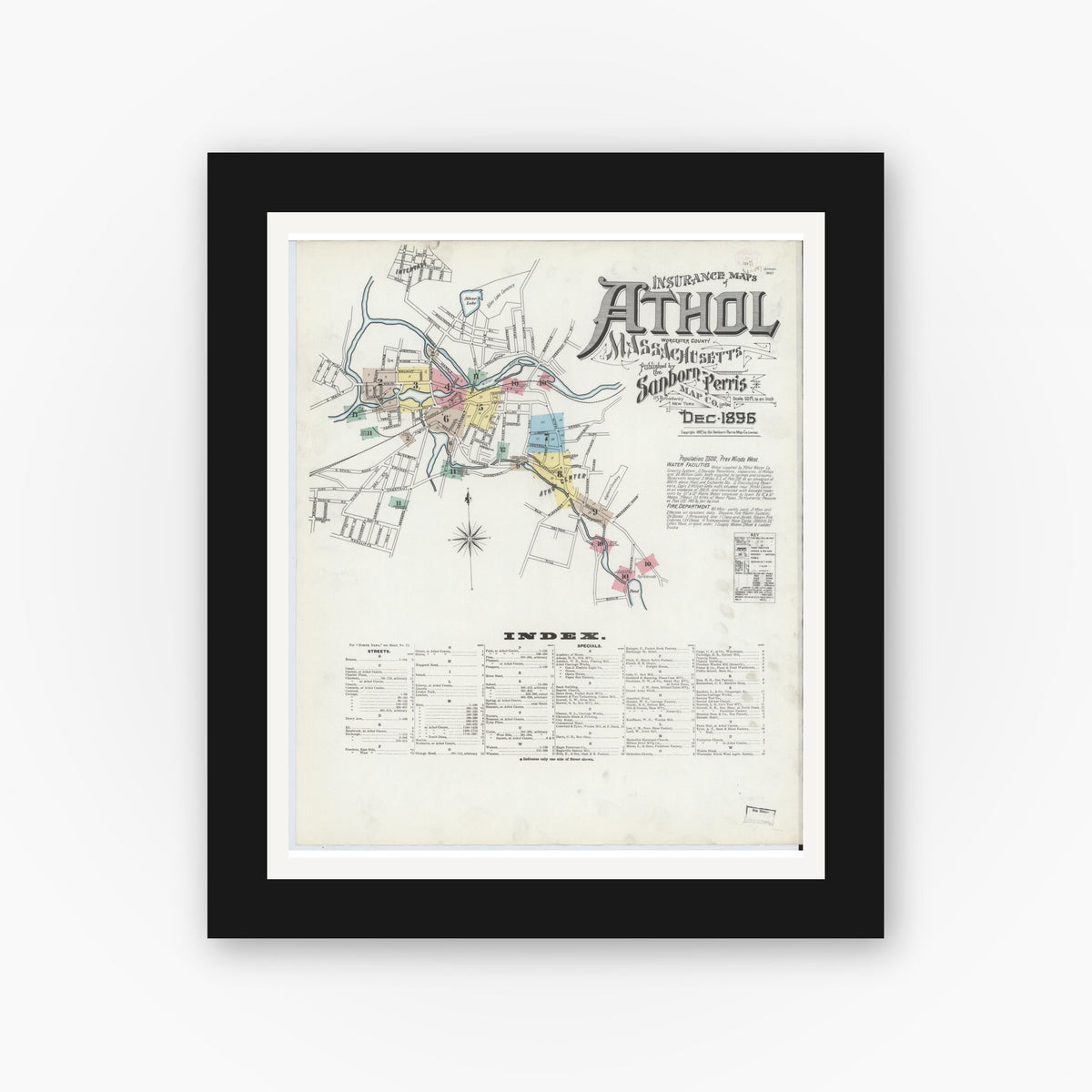 Old map wall art mockup — black gallery frame with white mat — Sanborn Fire Insurance Map from Athol, Worcester County, Massachusetts (1896) - Complete Map Set