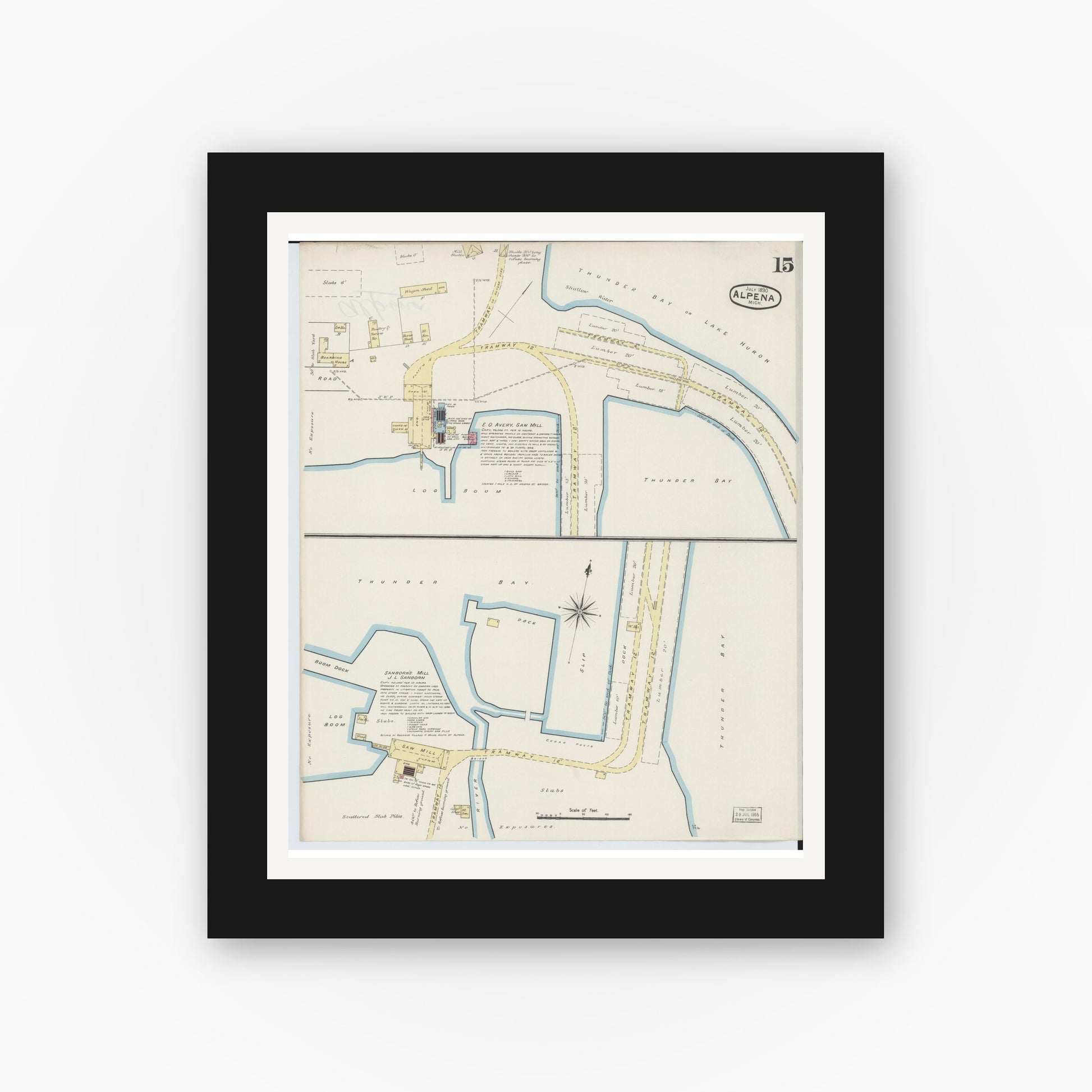 Old map wall art mockup — black gallery frame with white mat — Sanborn Fire Insurance Map from Alpena, Alpena County, Michigan (1890), Sheet #0015