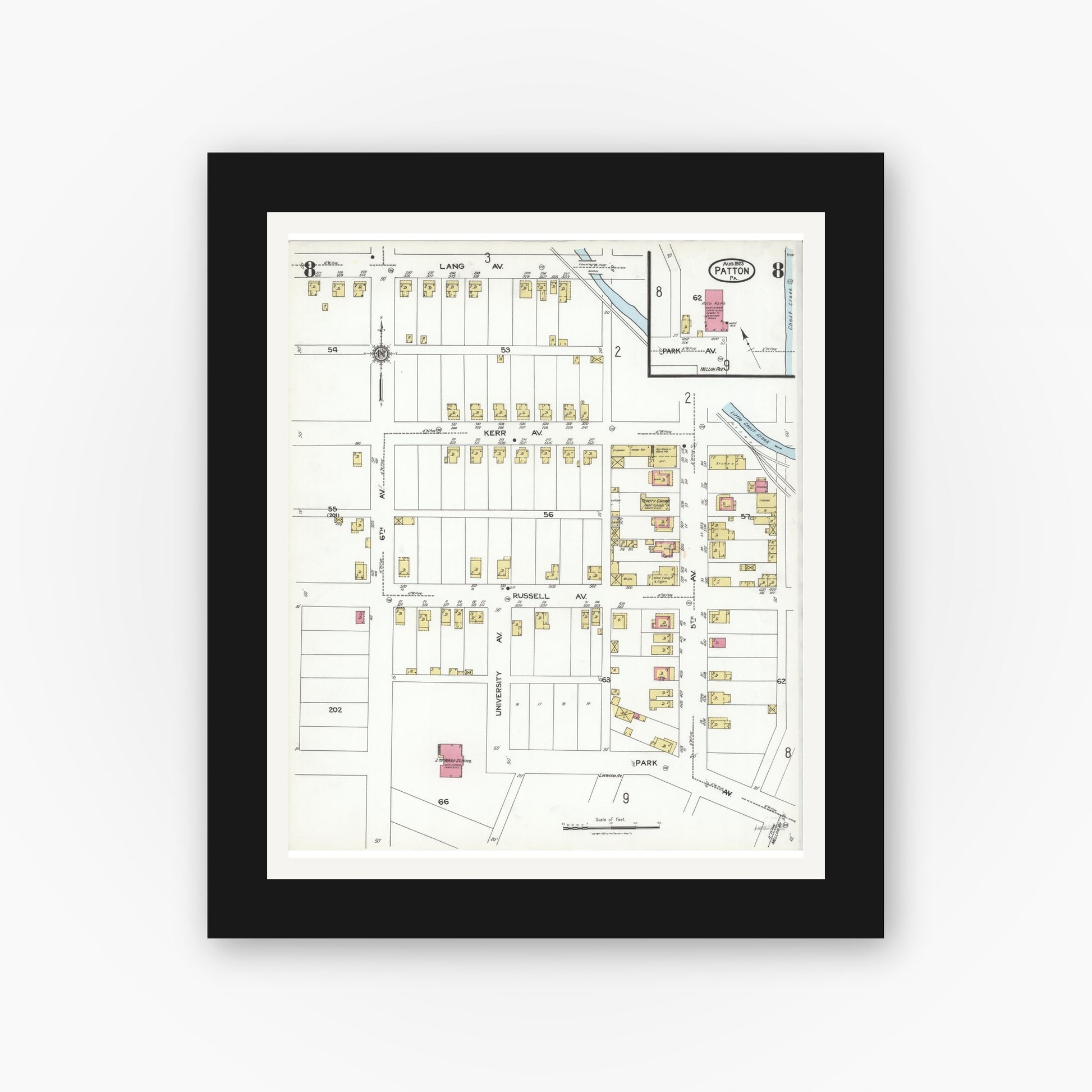 Old map wall art mockup — black gallery frame with white mat — Sanborn Fire Insurance Map from Patton, Cambria County, Pennsylvania (1923), Sheet #0008
