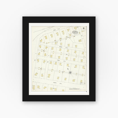 Old map wall art mockup — black gallery frame with white mat — Sanborn Fire Insurance Map from Groveton, Trinity County, Texas (1907), Sheet #0006