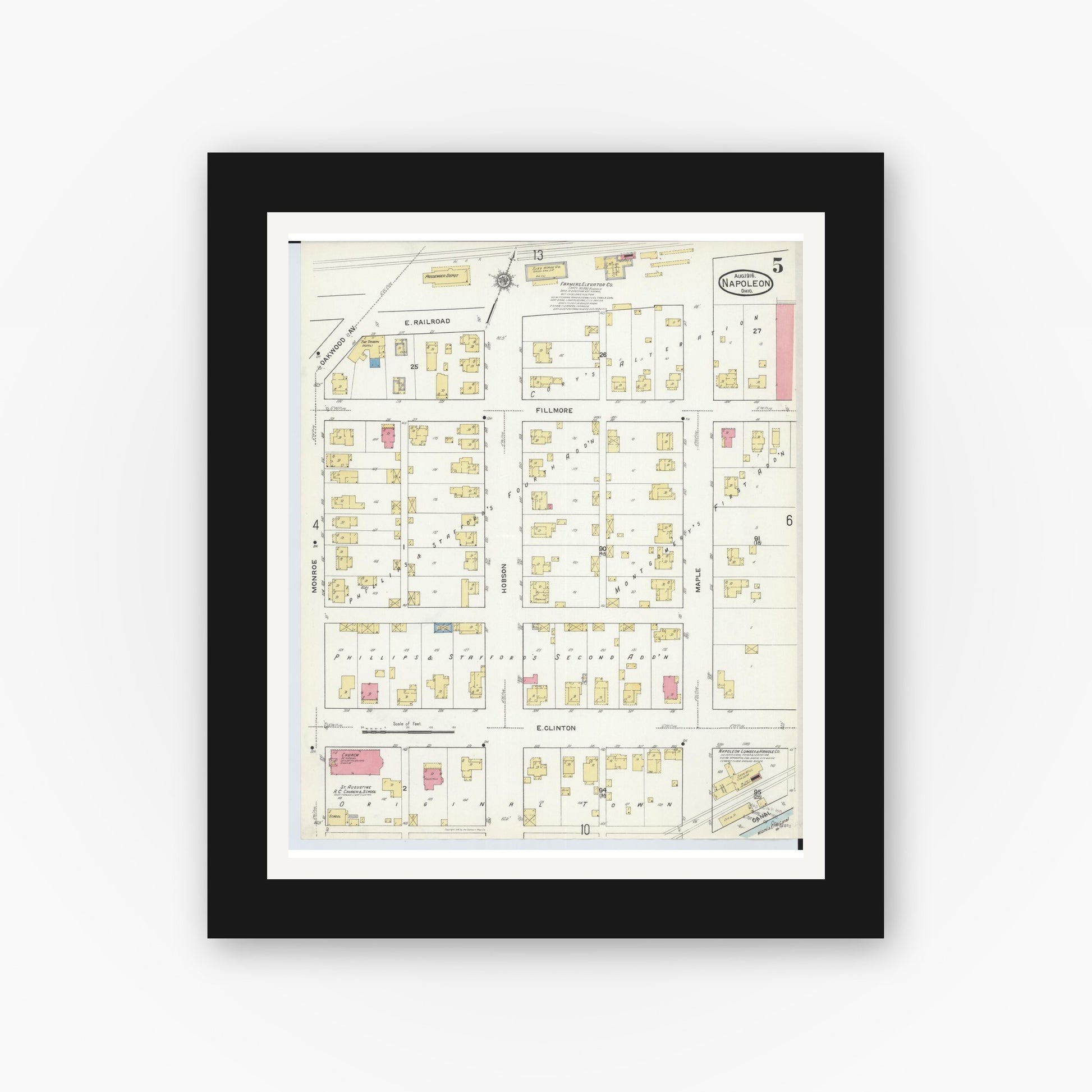 Old map wall art mockup — black gallery frame with white mat — Sanborn Fire Insurance Map from Napoleon, Henry County, Ohio (1916), Sheet #0005