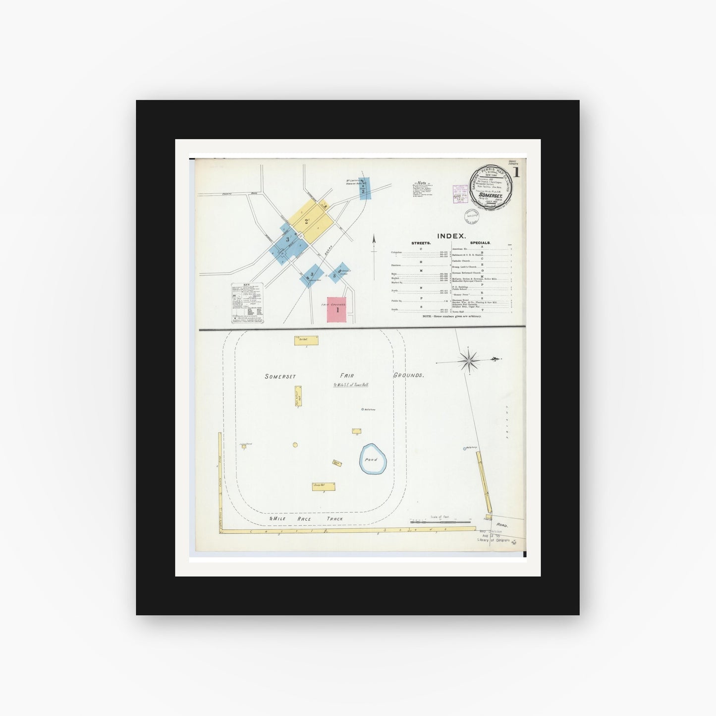 Old map wall art mockup — black gallery frame with white mat — Sanborn Fire Insurance Map from Somerset, Perry County, Ohio (1901), Sheet #0001