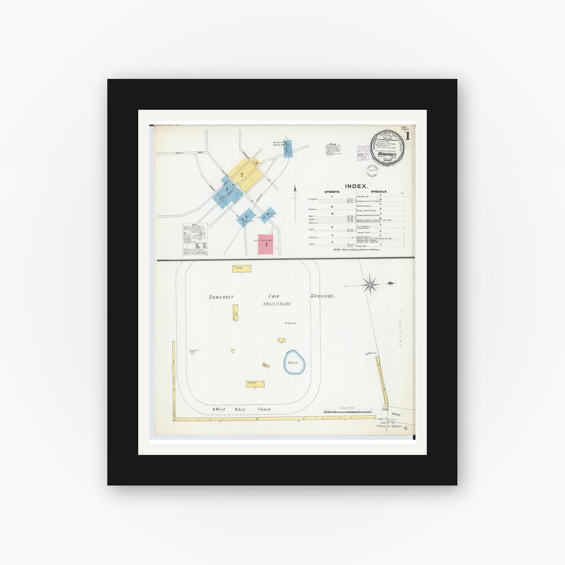 Old map wall art mockup — black gallery frame with white mat — Sanborn Fire Insurance Map from Somerset, Perry County, Ohio (1901), Sheet #0001