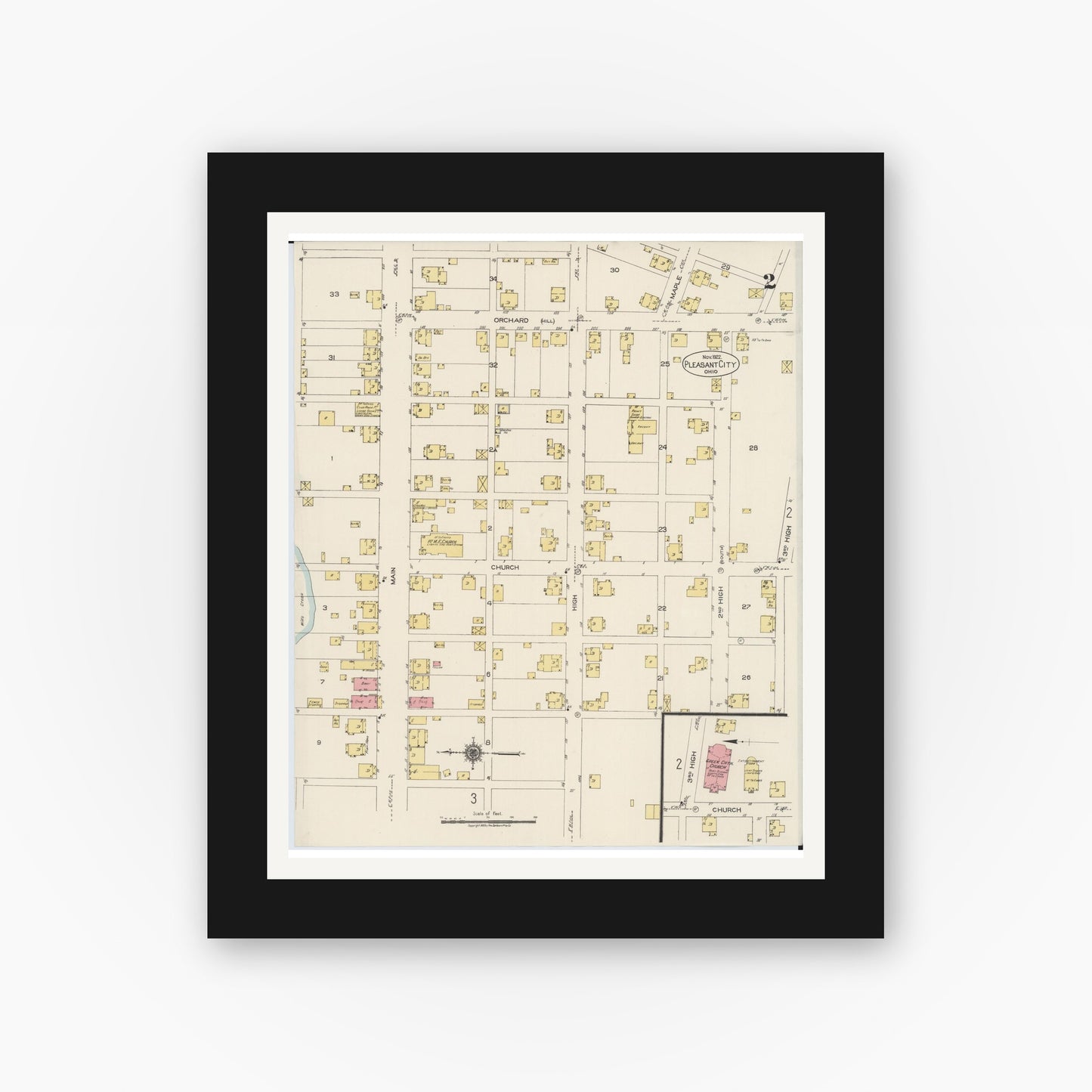 Old map wall art mockup — black gallery frame with white mat — Sanborn Fire Insurance Map from Pleasant City, Guernsey County, Ohio (1922), Sheet #0002