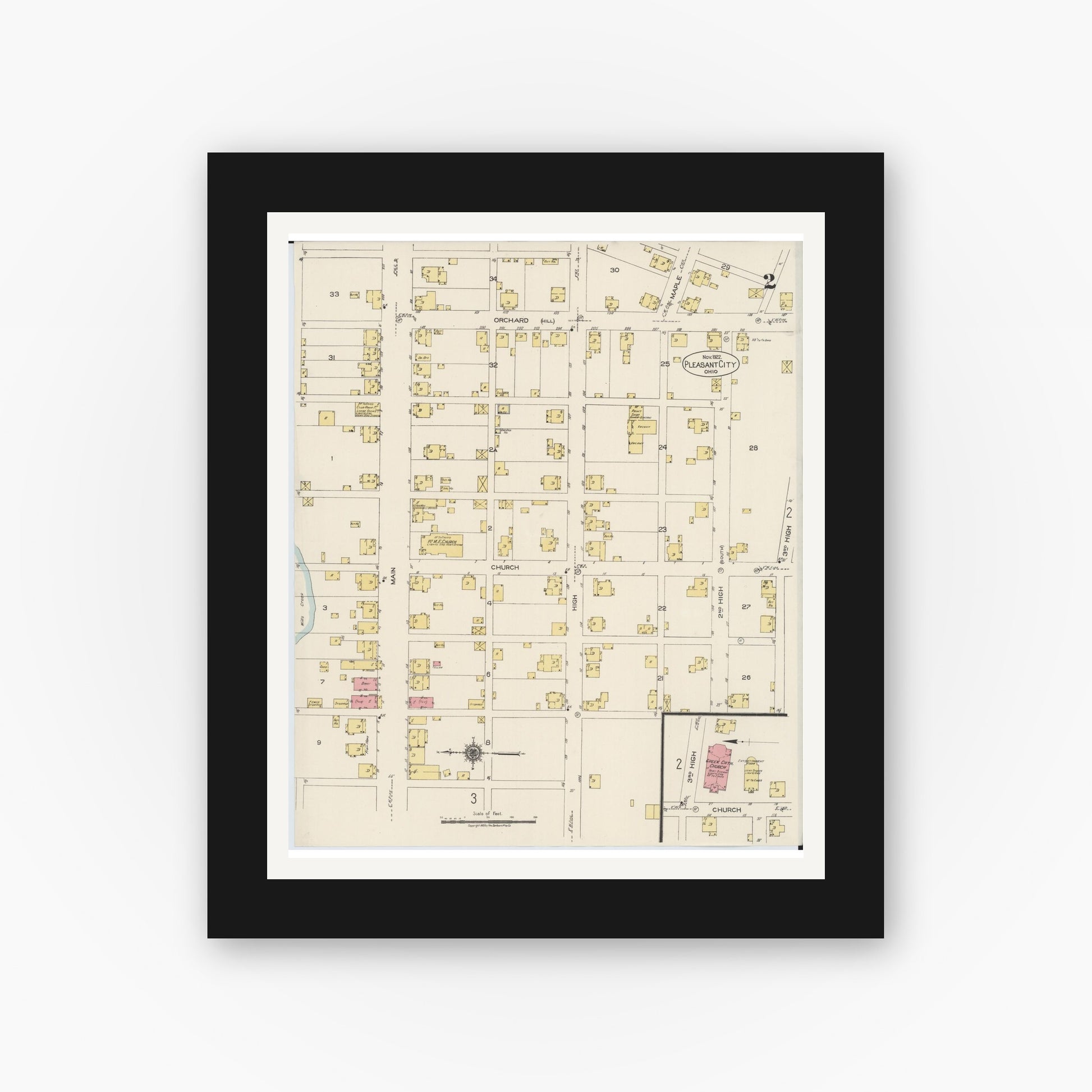 Old map wall art mockup — black gallery frame with white mat — Sanborn Fire Insurance Map from Pleasant City, Guernsey County, Ohio (1922), Sheet #0002