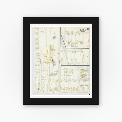 Old map wall art mockup — black gallery frame with white mat — Sanborn Fire Insurance Map from Bellefontaine, Logan County, Ohio (1896), Sheet #0002