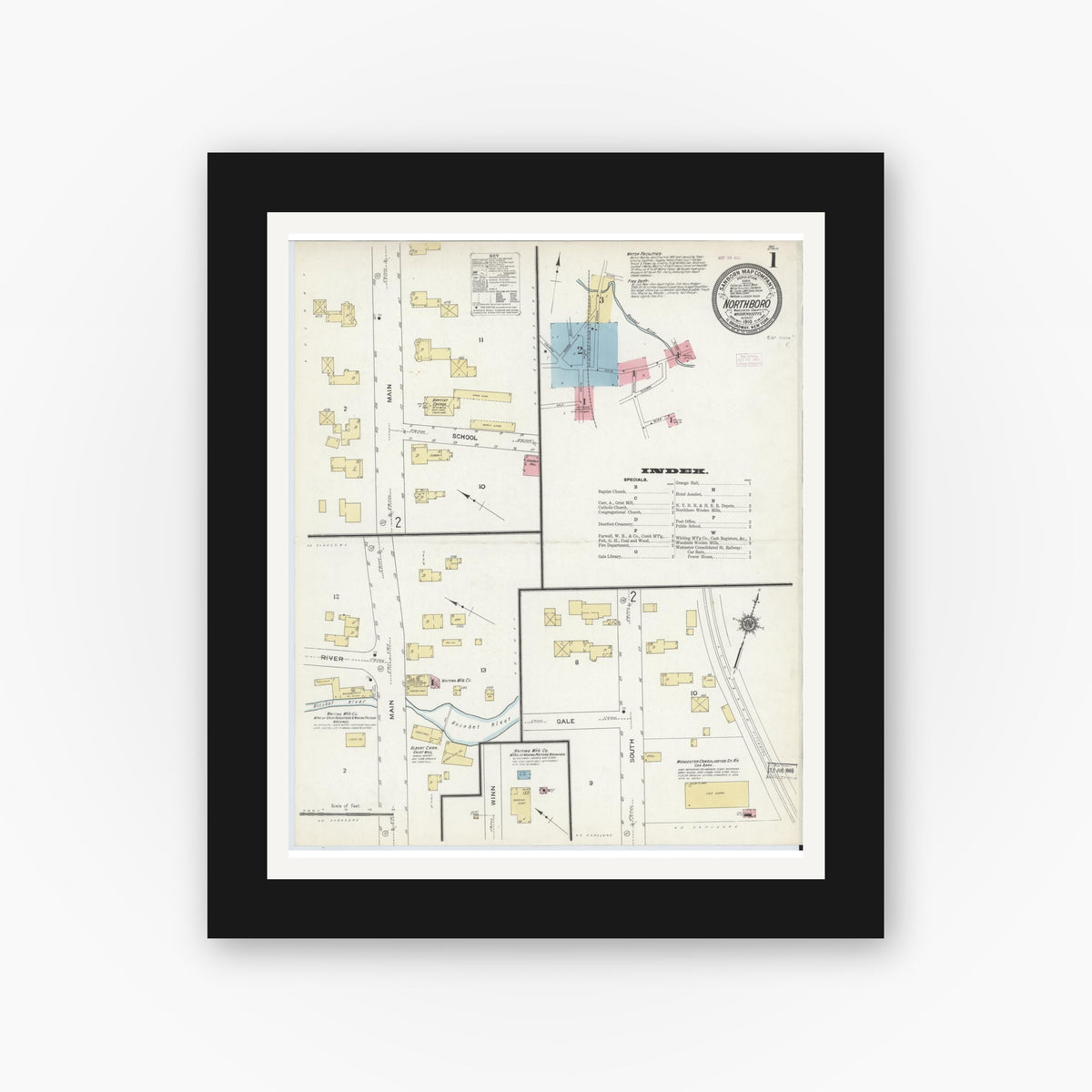 Old map wall art mockup — black gallery frame with white mat — Sanborn Fire Insurance Map from Northboro, Worcester County, Massachusetts (1910) - Complete Map Set