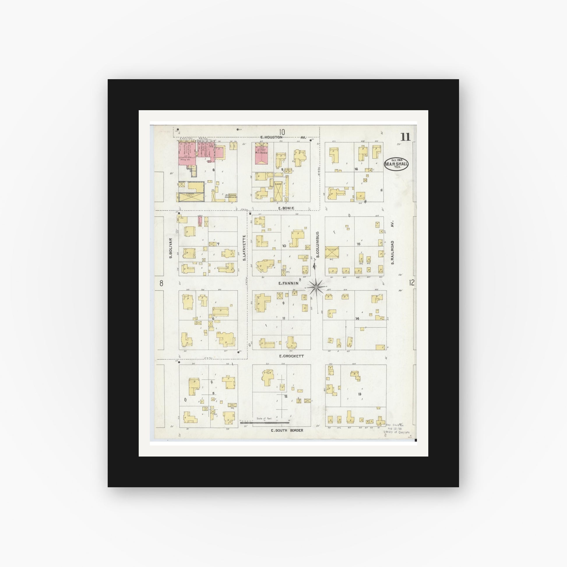 Old map wall art mockup — black gallery frame with white mat — Sanborn Fire Insurance Map from Marshall, Harrison County, Texas (1904), Sheet #0011