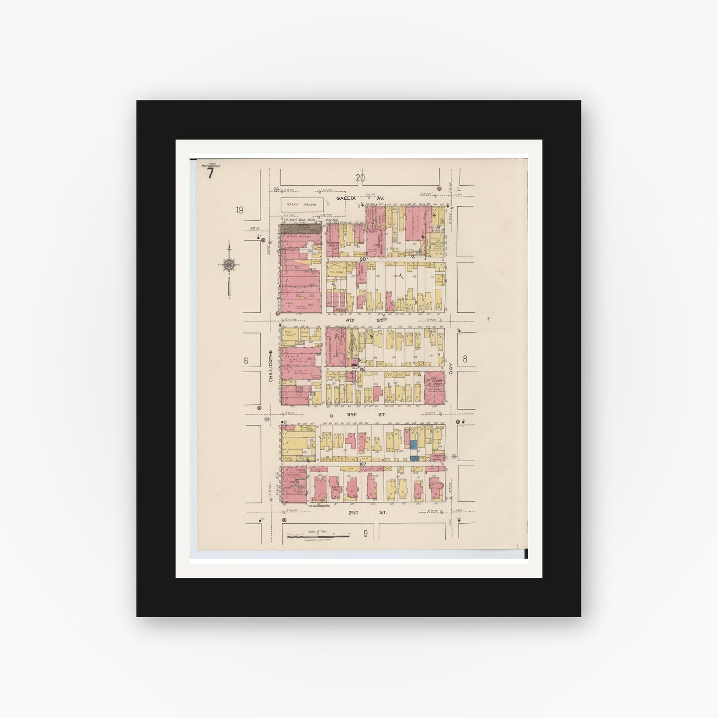 Old map wall art mockup — black gallery frame with white mat — Sanborn Fire Insurance Map from Portsmouth, Scioto County, Ohio (1921), Sheet #0007