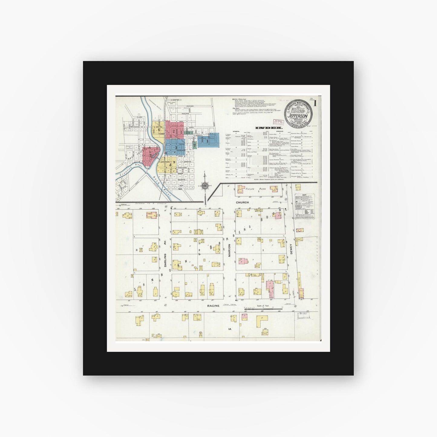 Old map wall art mockup — black gallery frame with white mat — Sanborn Fire Insurance Map from Jefferson, Jefferson County, Wisconsin (1909) - Complete Map Set