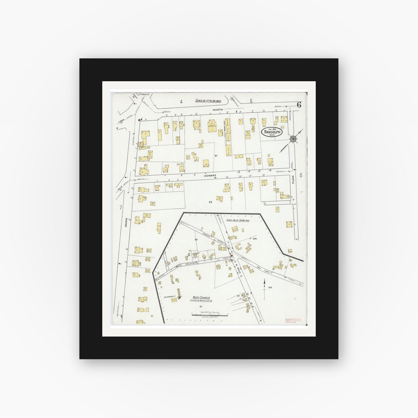 Old map wall art mockup — black gallery frame with white mat — Sanborn Fire Insurance Map from Randolph, Norfolk County, Massachusetts (1919), Sheet #0006