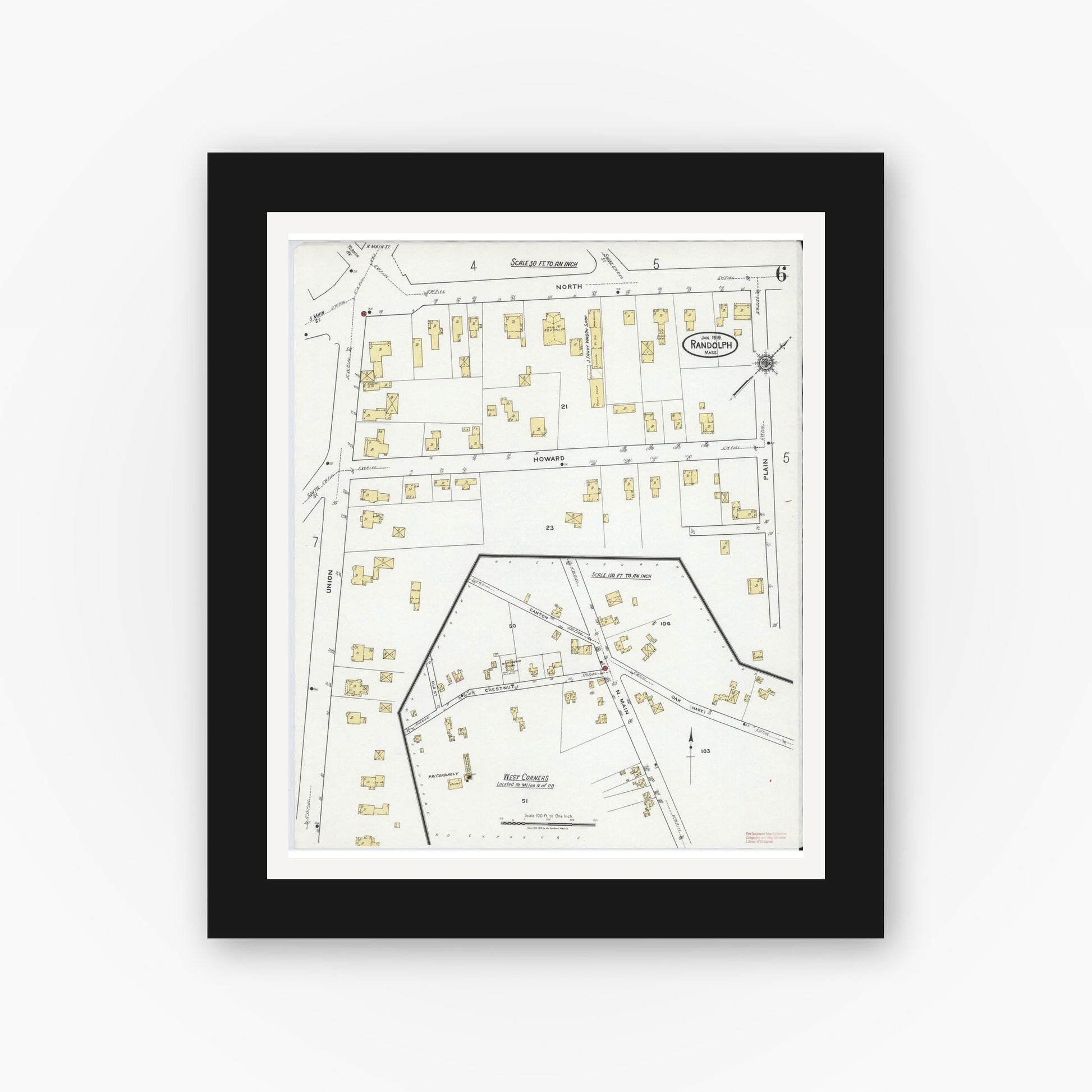 Old map wall art mockup — black gallery frame with white mat — Sanborn Fire Insurance Map from Randolph, Norfolk County, Massachusetts (1919), Sheet #0006