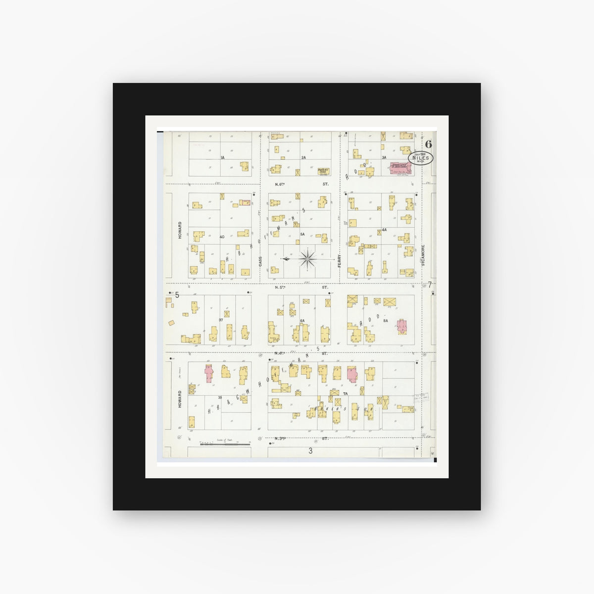 Old map wall art mockup — black gallery frame with white mat — Sanborn Fire Insurance Map from Niles, Berrien County, Michigan (1900), Sheet #0006