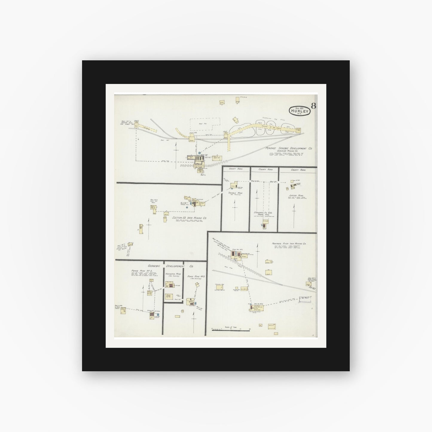 Old map wall art mockup — black gallery frame with white mat — Sanborn Fire Insurance Map from Hurley, Iron County, Wisconsin (1891), Sheet #0008