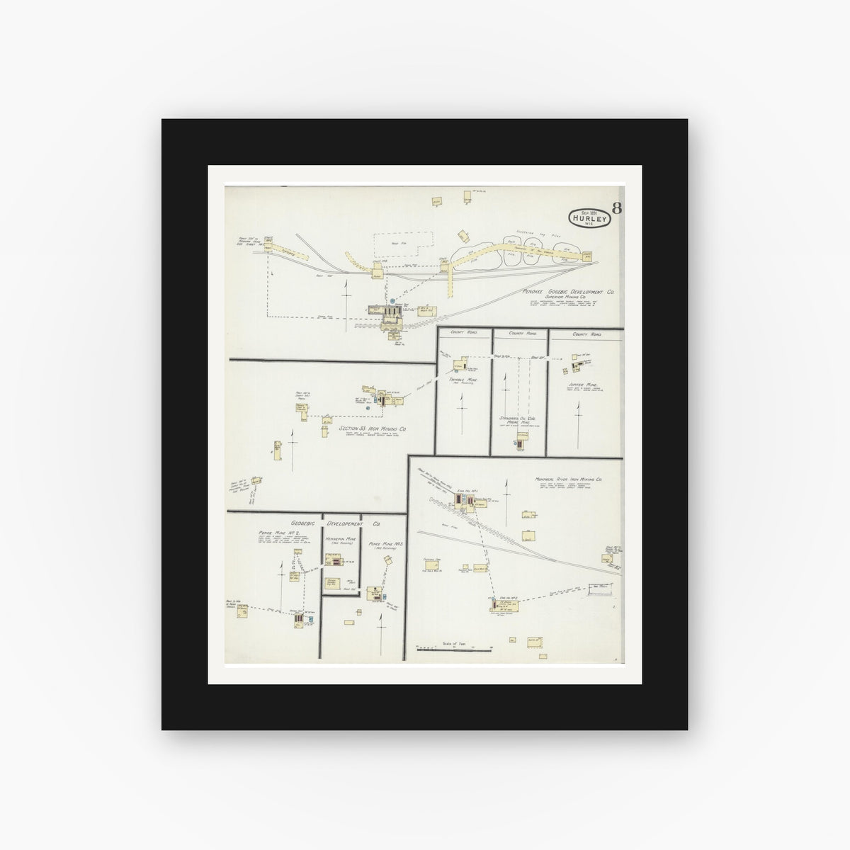 Old map wall art mockup — black gallery frame with white mat — Sanborn Fire Insurance Map from Hurley, Iron County, Wisconsin (1891), Sheet #0008
