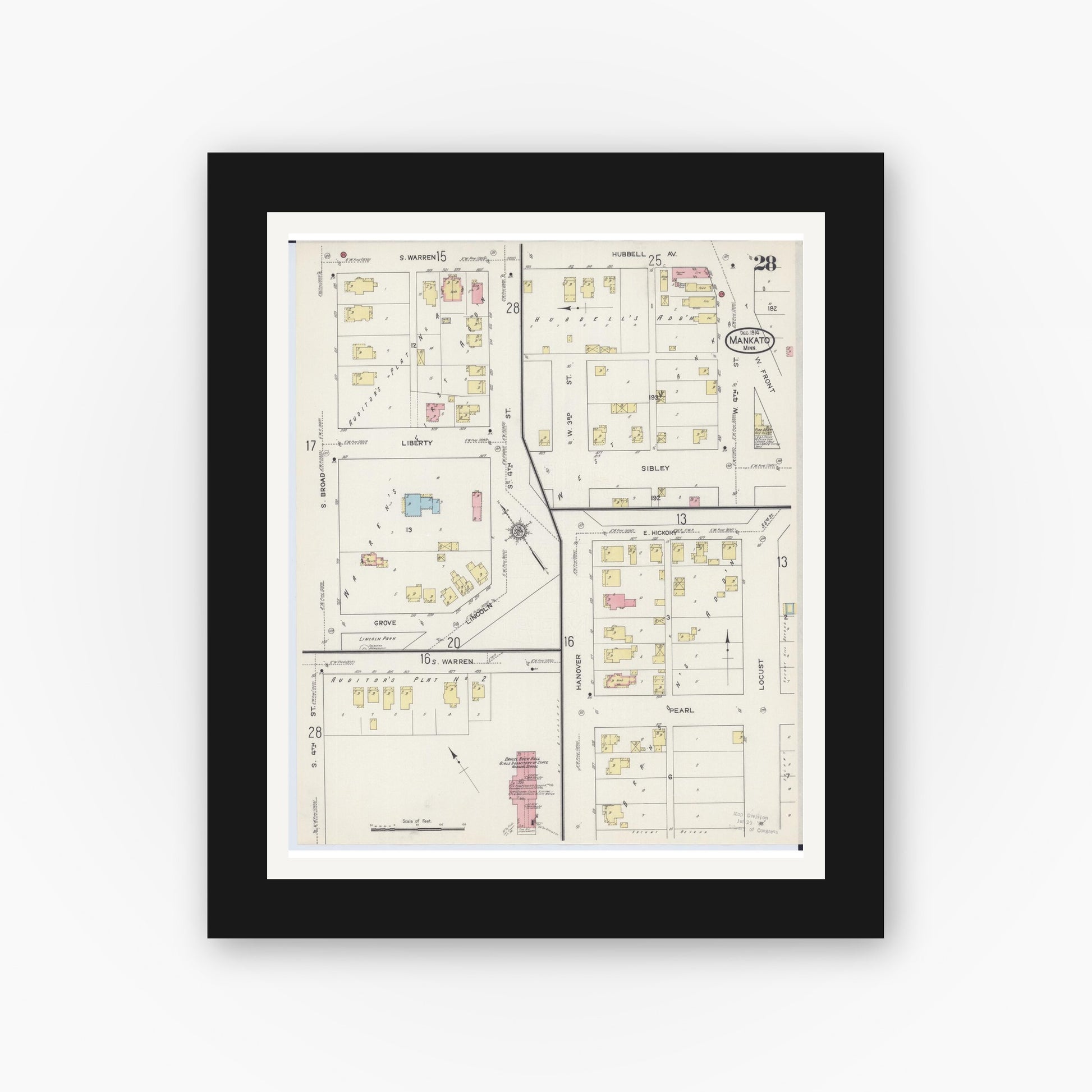 Old map wall art mockup — black gallery frame with white mat — Sanborn Fire Insurance Map from Mankato, Blue Earth County, Minnesota (1914), Sheet #0028