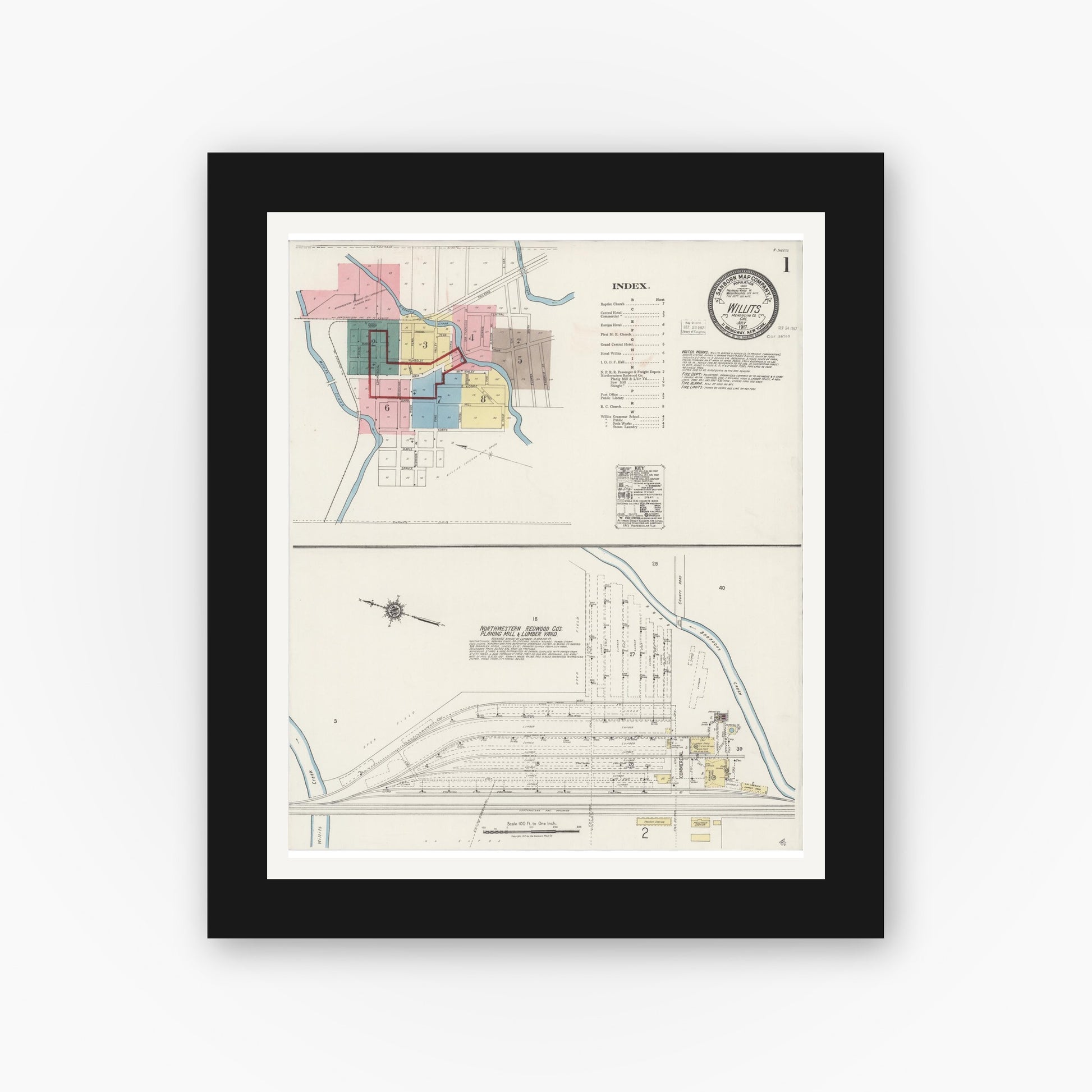 Old map wall art mockup — black gallery frame with white mat — Sanborn Fire Insurance Map from Willits, Mendocino County, California (1917) - Complete Map Set