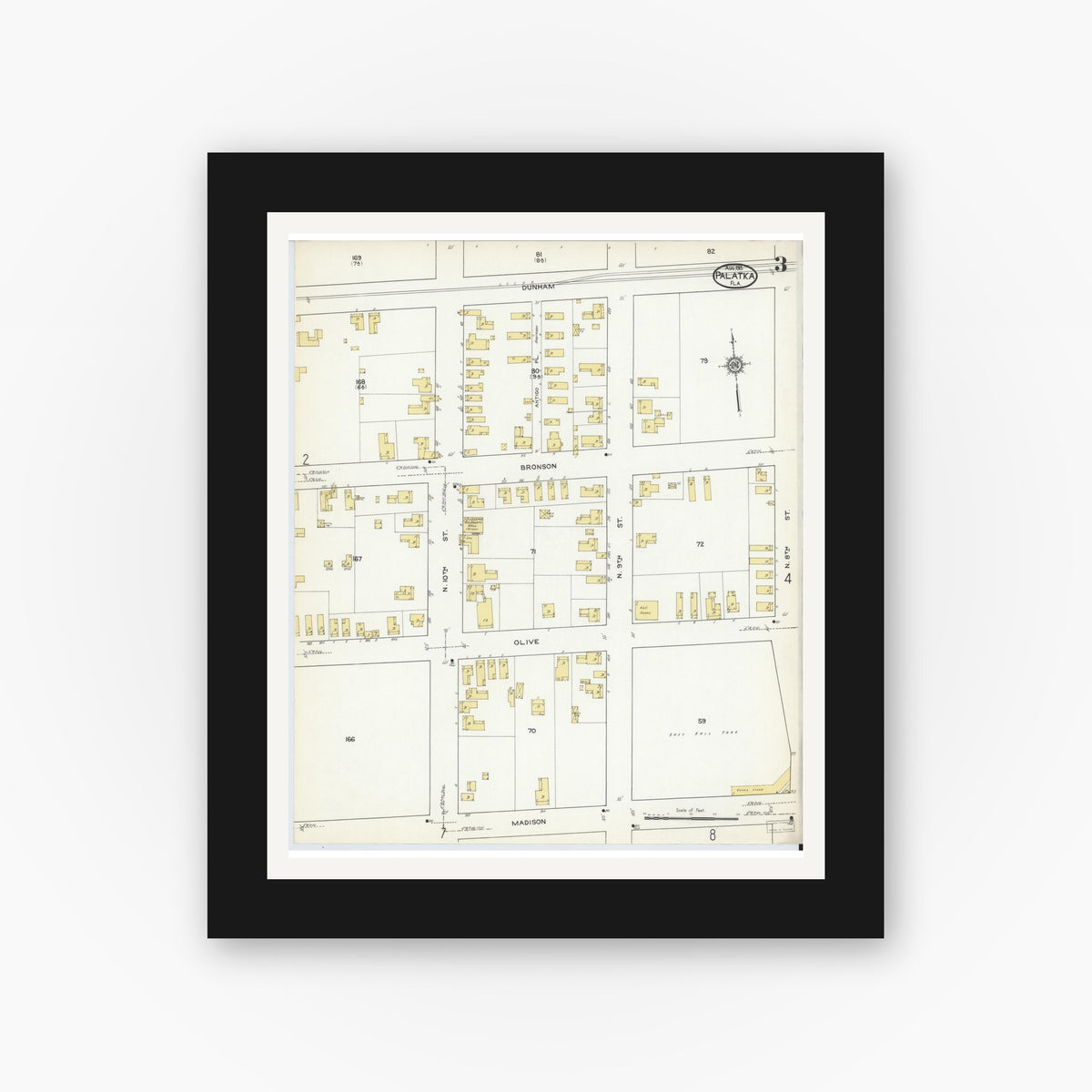 Old map wall art mockup — black gallery frame with white mat — Sanborn Fire Insurance Map from Palatka, Putnam County, Florida (1915), Sheet #0003