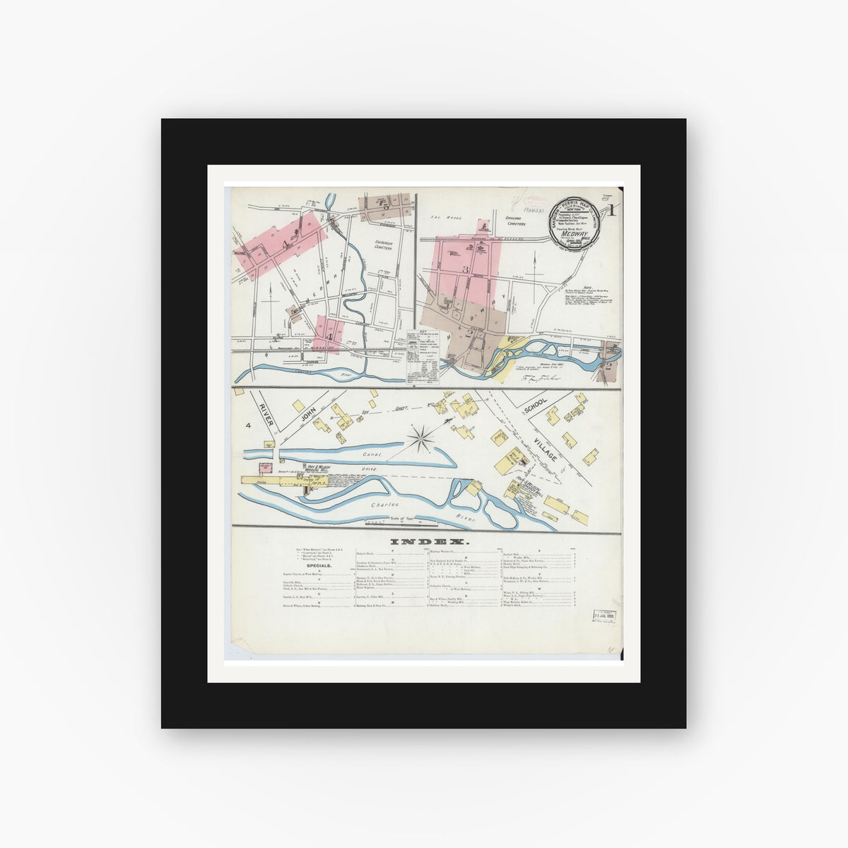 Old map wall art mockup — black gallery frame with white mat — Sanborn Fire Insurance Map from Medway, Norfolk County, Massachusetts (1892) - Complete Map Set