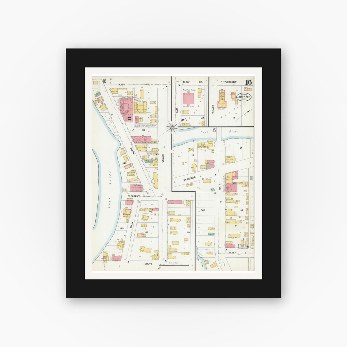 Old map wall art mockup — black gallery frame with white mat — Sanborn Fire Insurance Map from Green Bay, Brown County, Wisconsin (1900), Sheet #0016