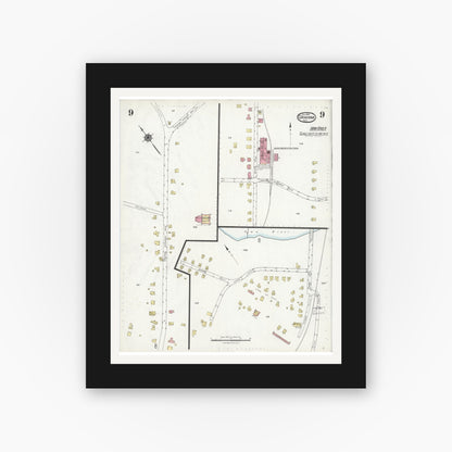 Old map wall art mockup — black gallery frame with white mat — Sanborn Fire Insurance Map from Graham, Alamance County, North Carolina (1924), Sheet #0009