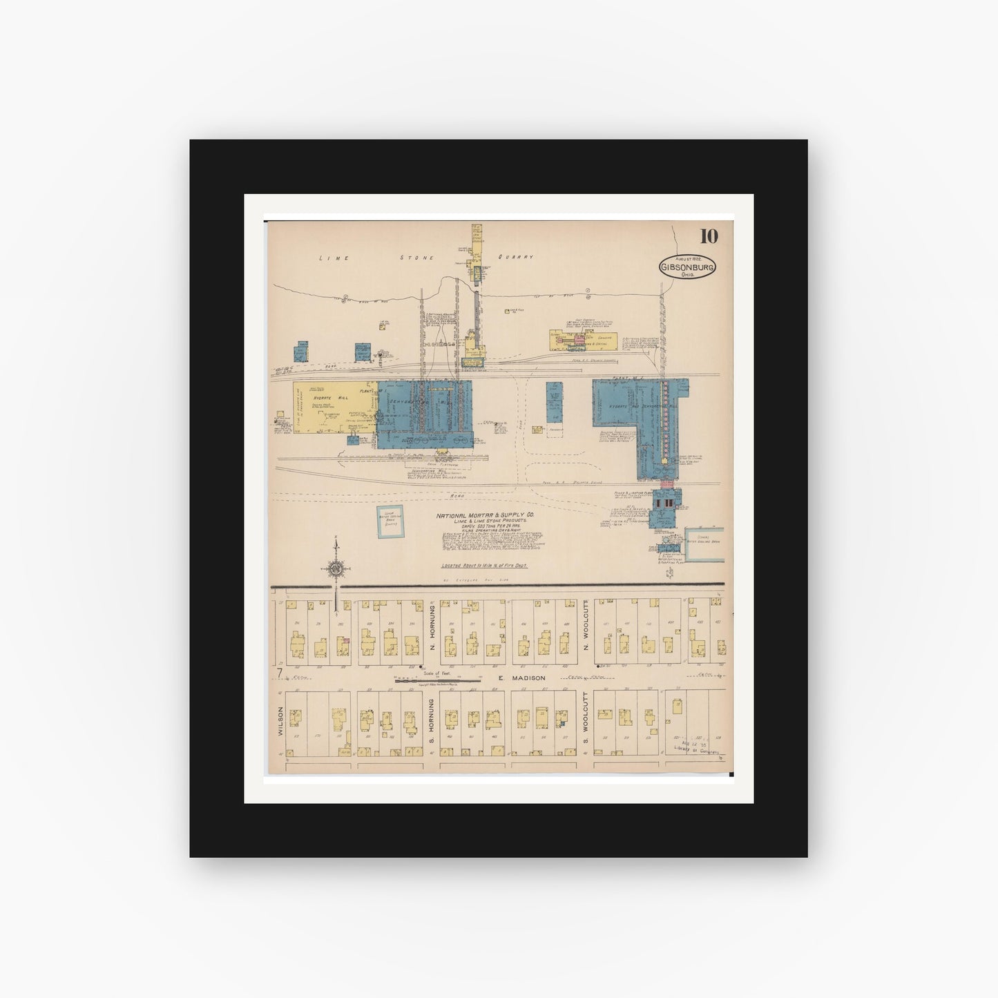 Old map wall art mockup — black gallery frame with white mat — Sanborn Fire Insurance Map from Gibsonburg, Sandusky County, Ohio (1922), Sheet #0010