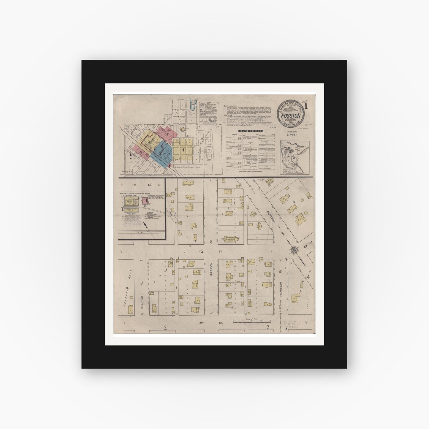 Old map wall art mockup — black gallery frame with white mat — Sanborn Fire Insurance Map from Fosston, Polk County, Minnesota (1922) - Complete Map Set