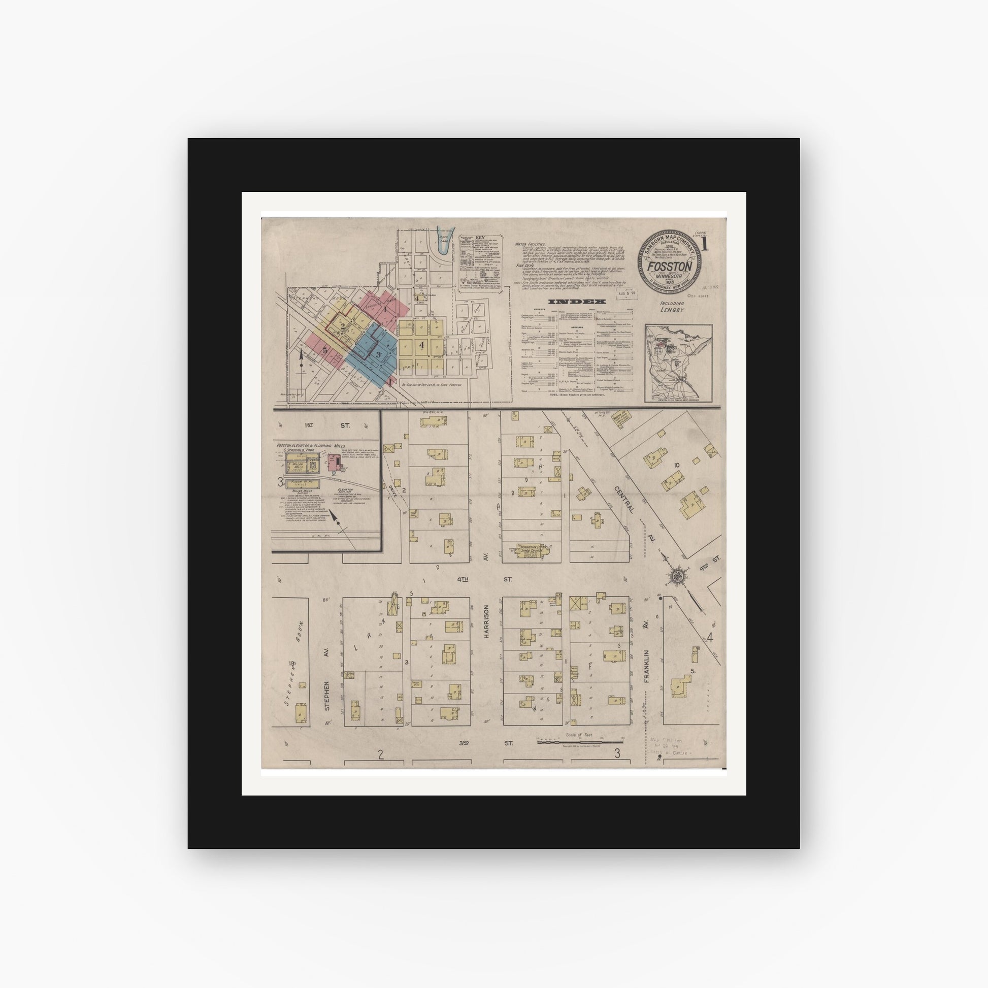 Old map wall art mockup — black gallery frame with white mat — Sanborn Fire Insurance Map from Fosston, Polk County, Minnesota (1922) - Complete Map Set