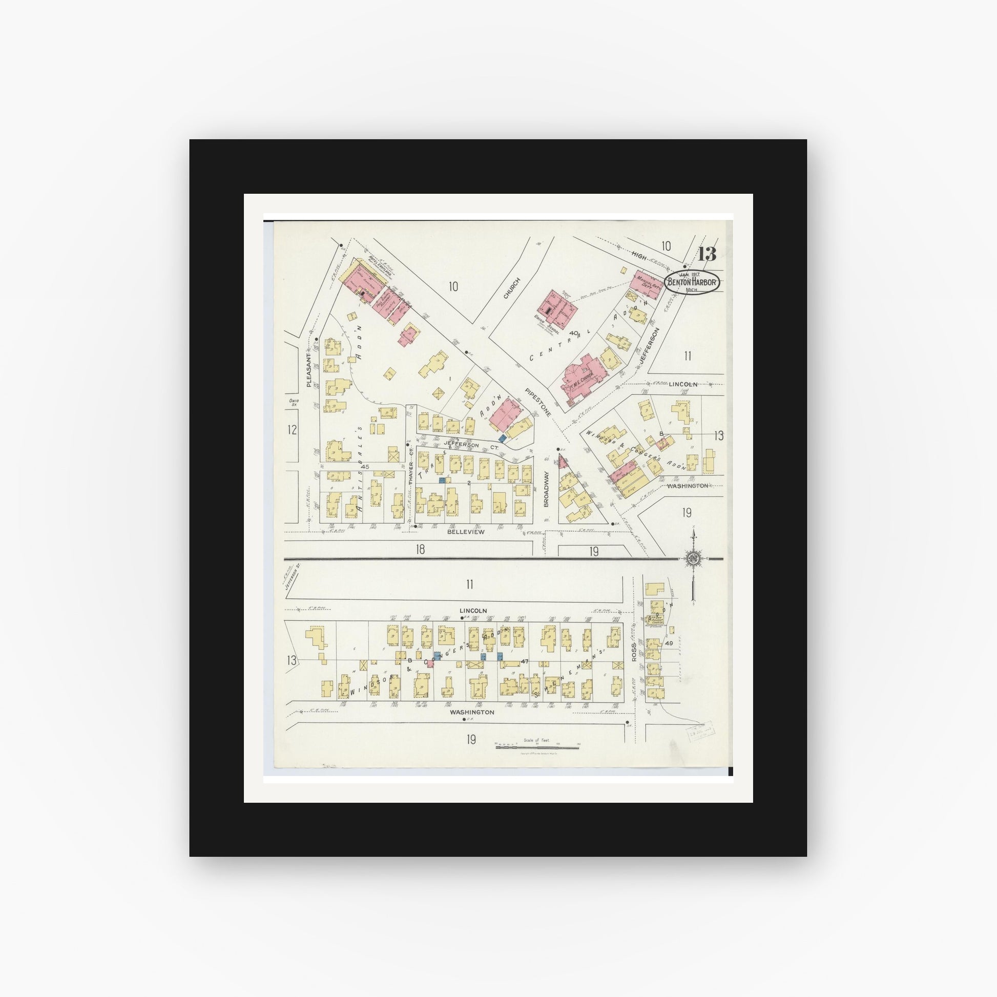 Old map wall art mockup — black gallery frame with white mat — Sanborn Fire Insurance Map from Benton Harbor, Berrien County, Michigan (1917), Sheet #0013
