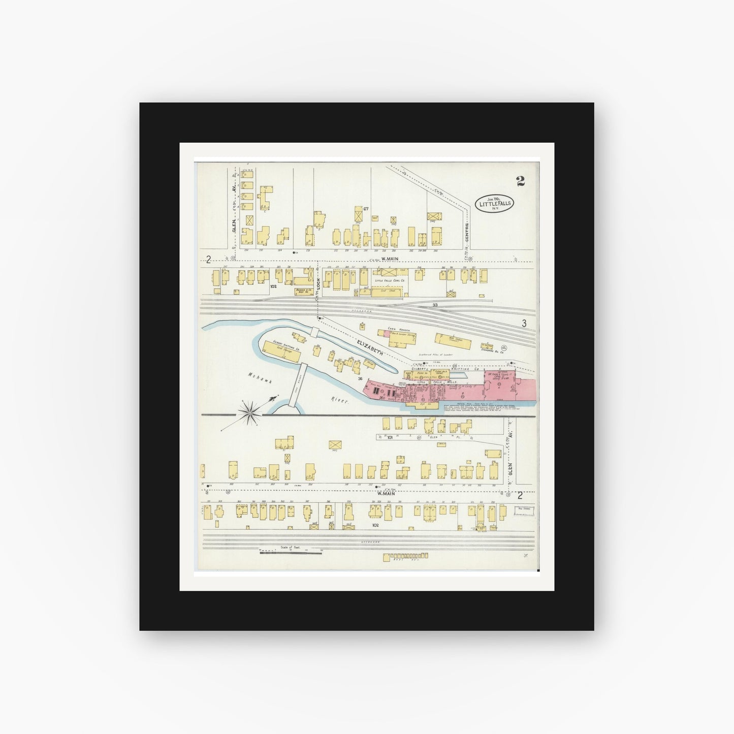 Old map wall art mockup — black gallery frame with white mat — Sanborn Fire Insurance Map from Little Falls, Herkimer County, New York (1906), Sheet #0002