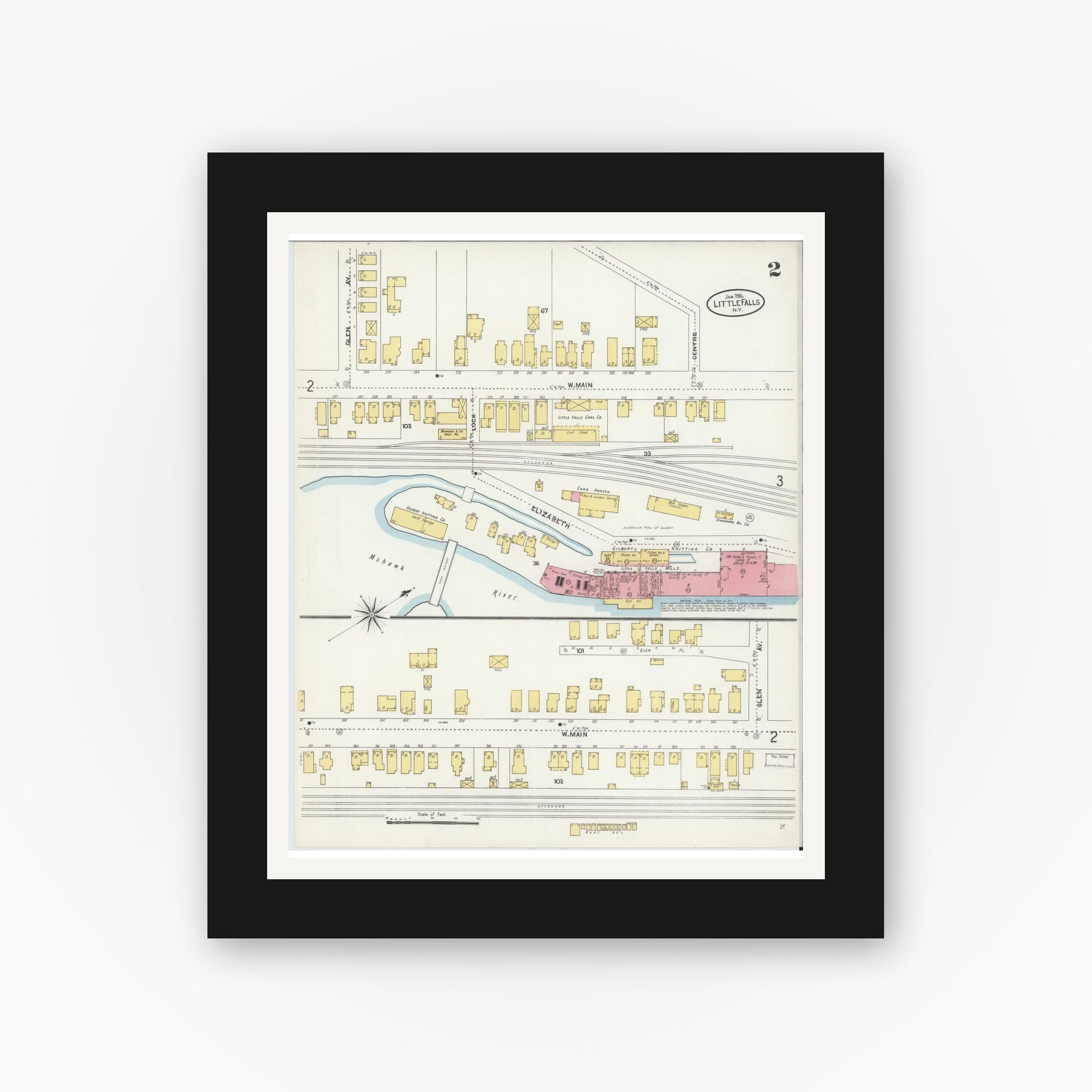 Old map wall art mockup — black gallery frame with white mat — Sanborn Fire Insurance Map from Little Falls, Herkimer County, New York (1906), Sheet #0002