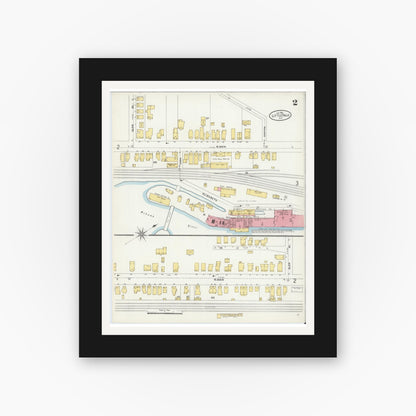 Old map wall art mockup — black gallery frame with white mat — Sanborn Fire Insurance Map from Little Falls, Herkimer County, New York (1906), Sheet #0002