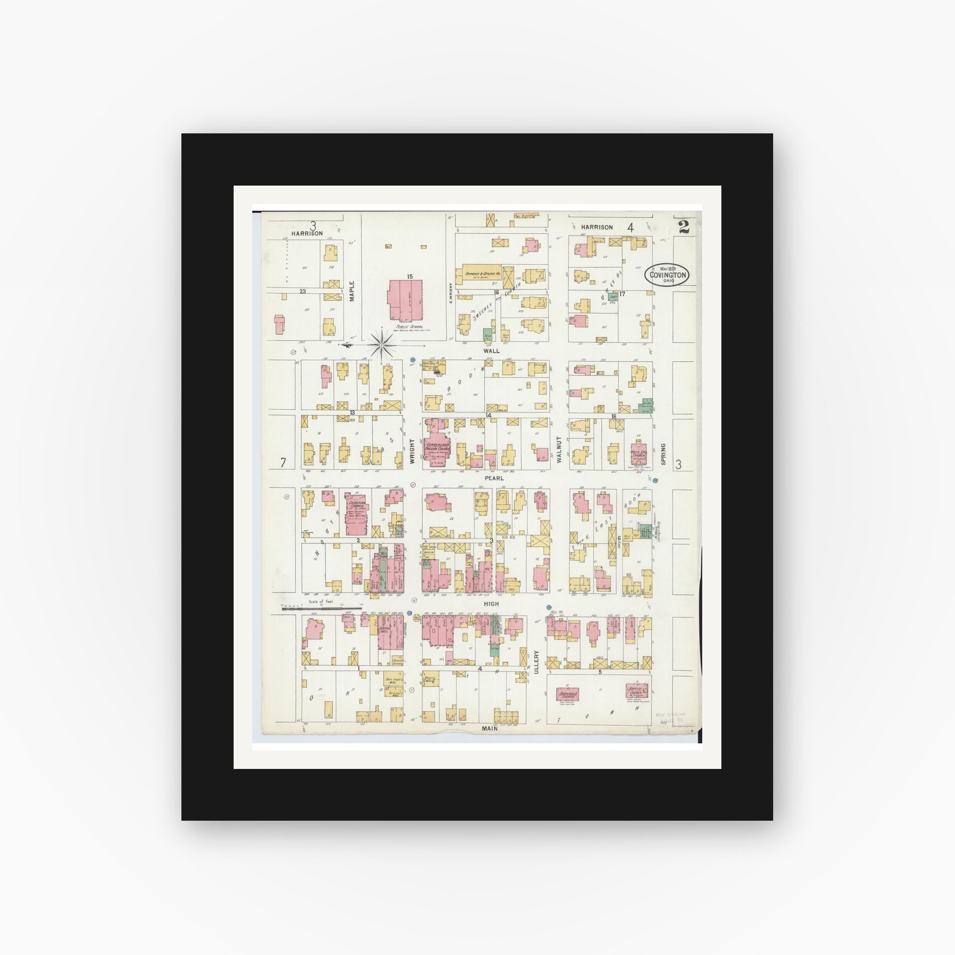 Old map wall art mockup — black gallery frame with white mat — Sanborn Fire Insurance Map from Covington, Miami County, Ohio (1899), Sheet #0002