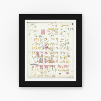 Old map wall art mockup — black gallery frame with white mat — Sanborn Fire Insurance Map from Covington, Miami County, Ohio (1899), Sheet #0002