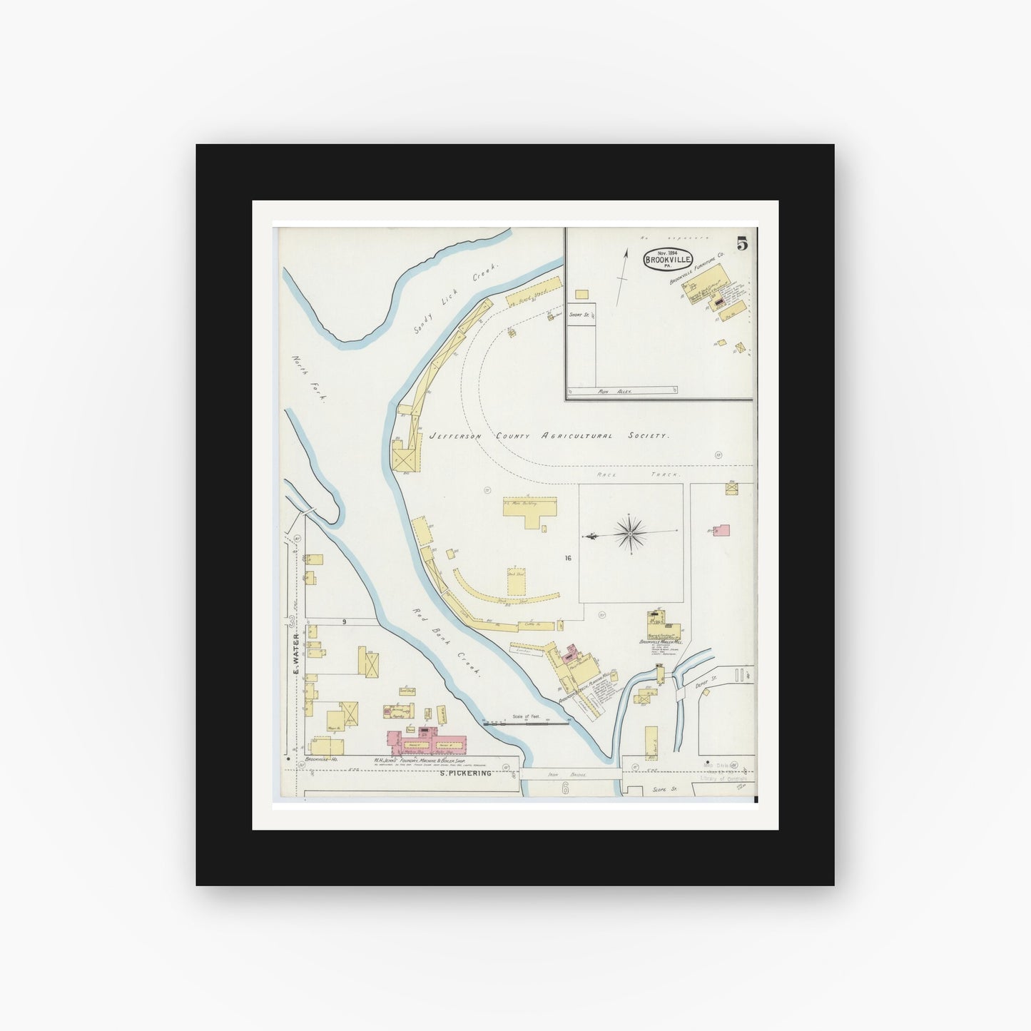 Old map wall art mockup — black gallery frame with white mat — Sanborn Fire Insurance Map from Brookville, Jefferson County, Pennsylvania (1894), Sheet #0005