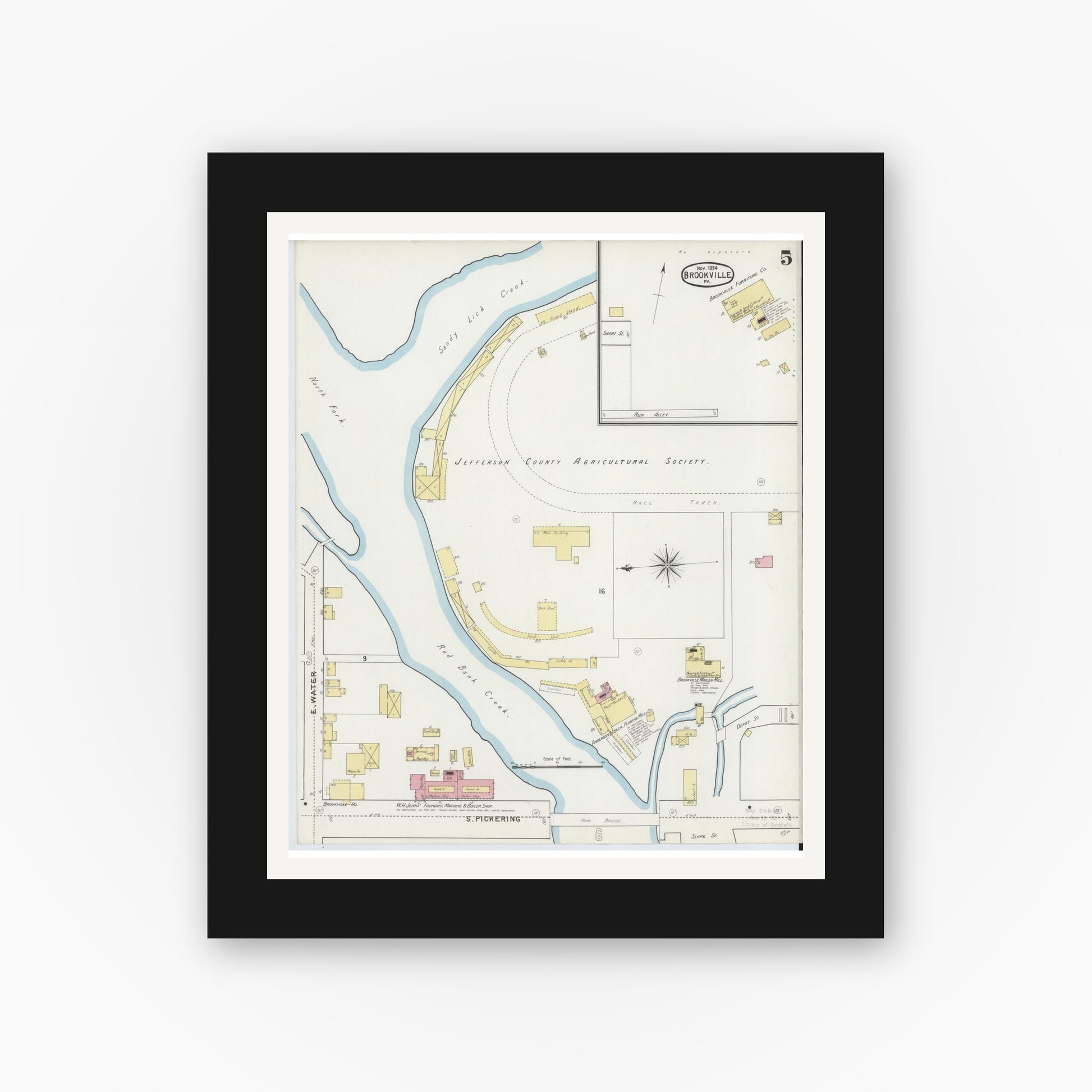 Old map wall art mockup — black gallery frame with white mat — Sanborn Fire Insurance Map from Brookville, Jefferson County, Pennsylvania (1894), Sheet #0005