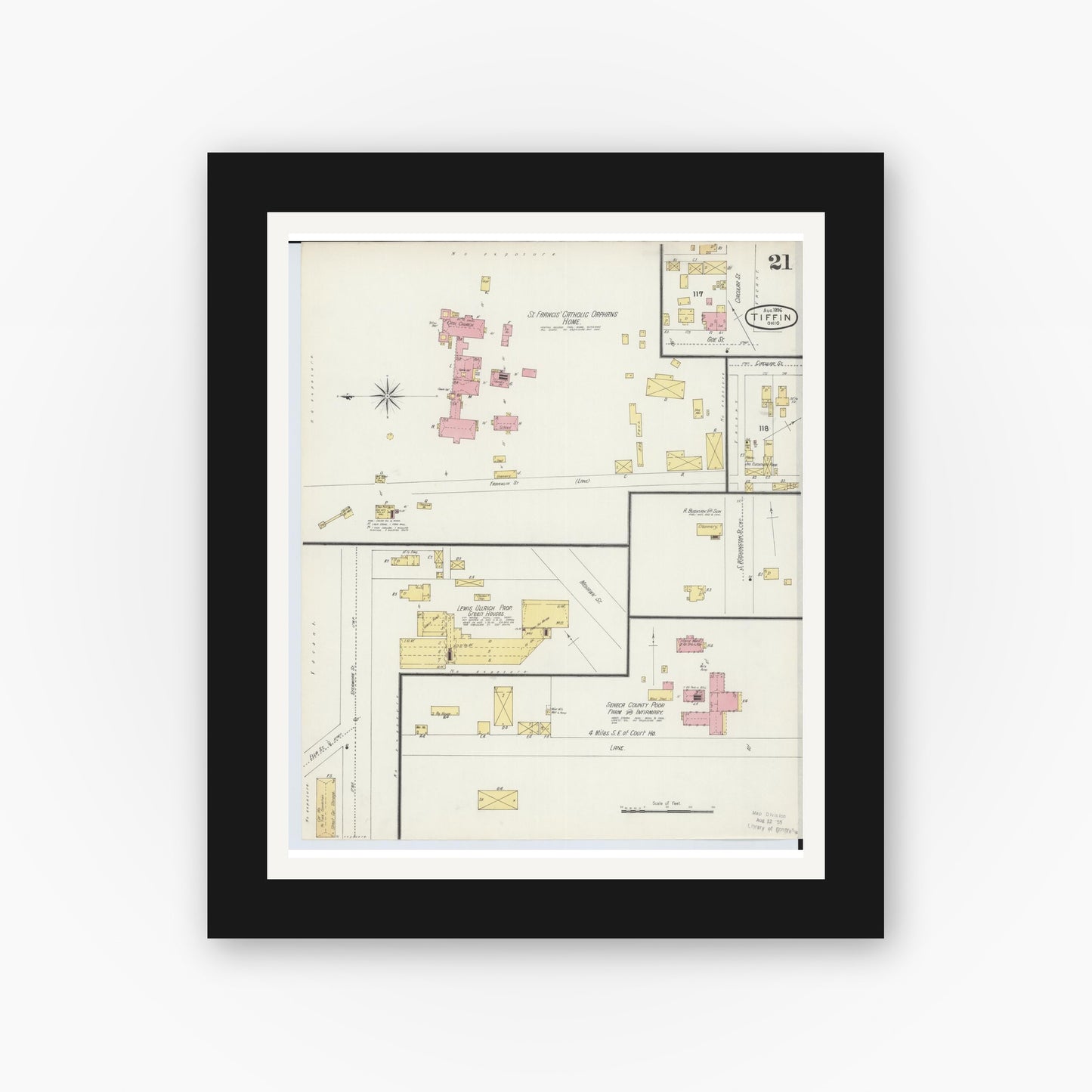Old map wall art mockup — black gallery frame with white mat — Sanborn Fire Insurance Map from Tiffin, Seneca County, Ohio (1896), Sheet #0021