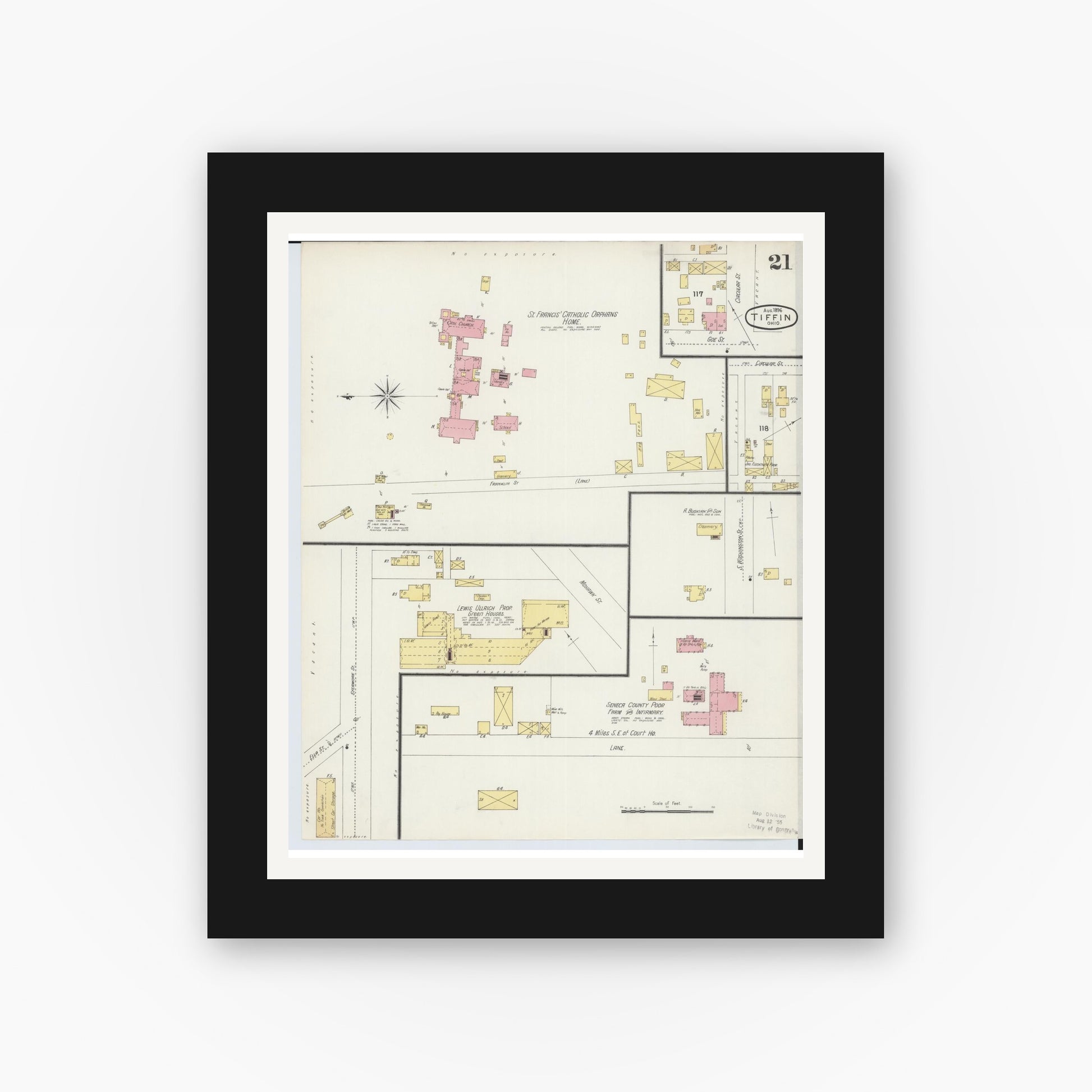 Old map wall art mockup — black gallery frame with white mat — Sanborn Fire Insurance Map from Tiffin, Seneca County, Ohio (1896), Sheet #0021
