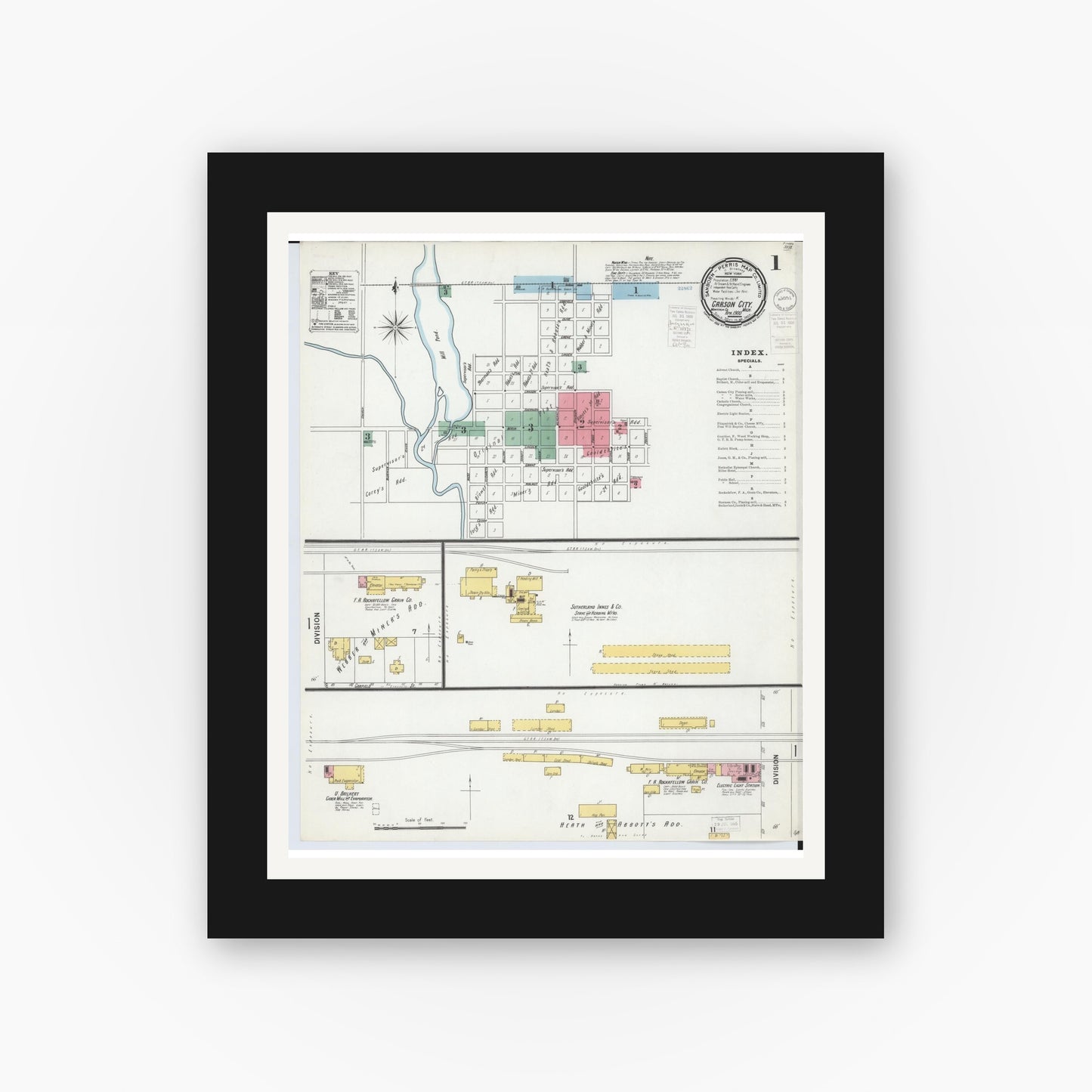 Old map wall art mockup — black gallery frame with white mat — Sanborn Fire Insurance Map from Carson City, Montcalm County, Michigan (1900) - Complete Map Set