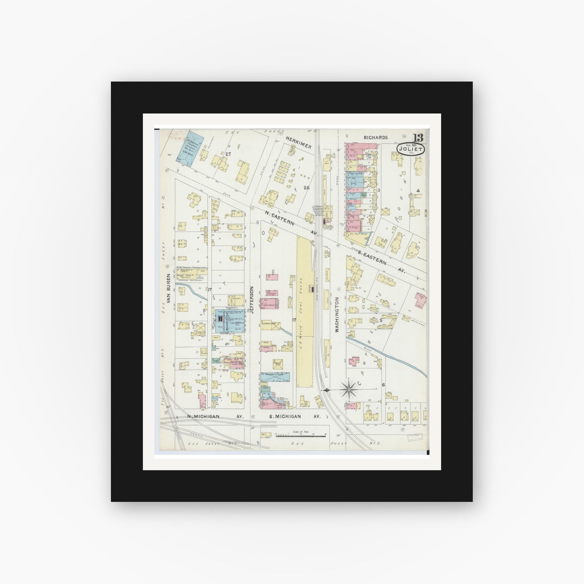 Old map wall art mockup — black gallery frame with white mat — Sanborn Fire Insurance Map from Joliet, Will County, Illinois (1891), Sheet #0013